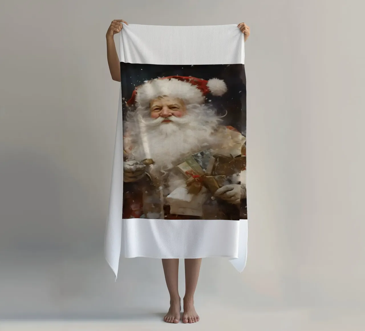 L'allegro Babbo Natale con i regali: la magia delle feste telo mare da Cozy Vibes