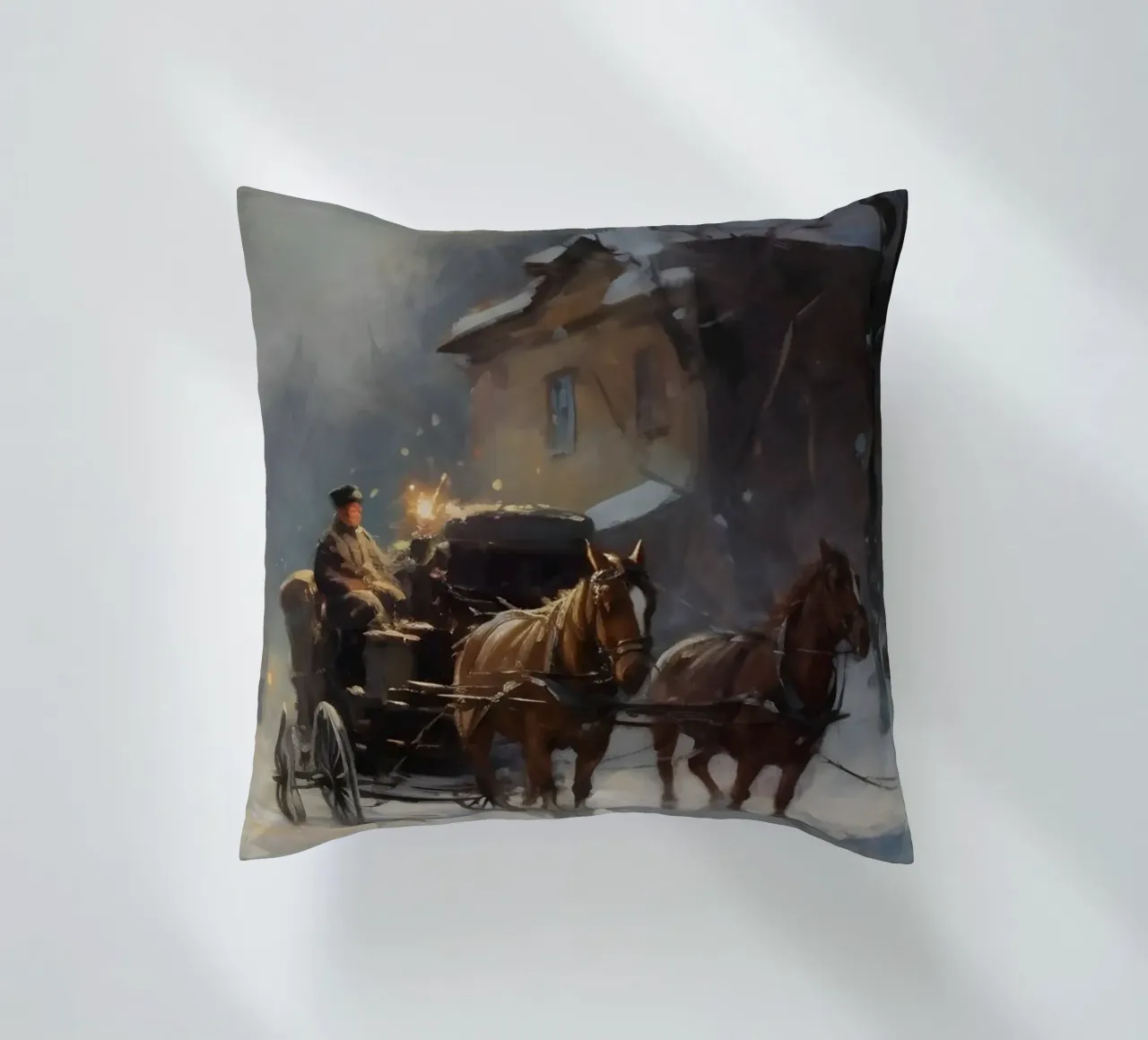 Carrozza trainata da cavalli in una sera d'inverno: il romanticismo dei tempi passati cuscino da Cozy Vibes