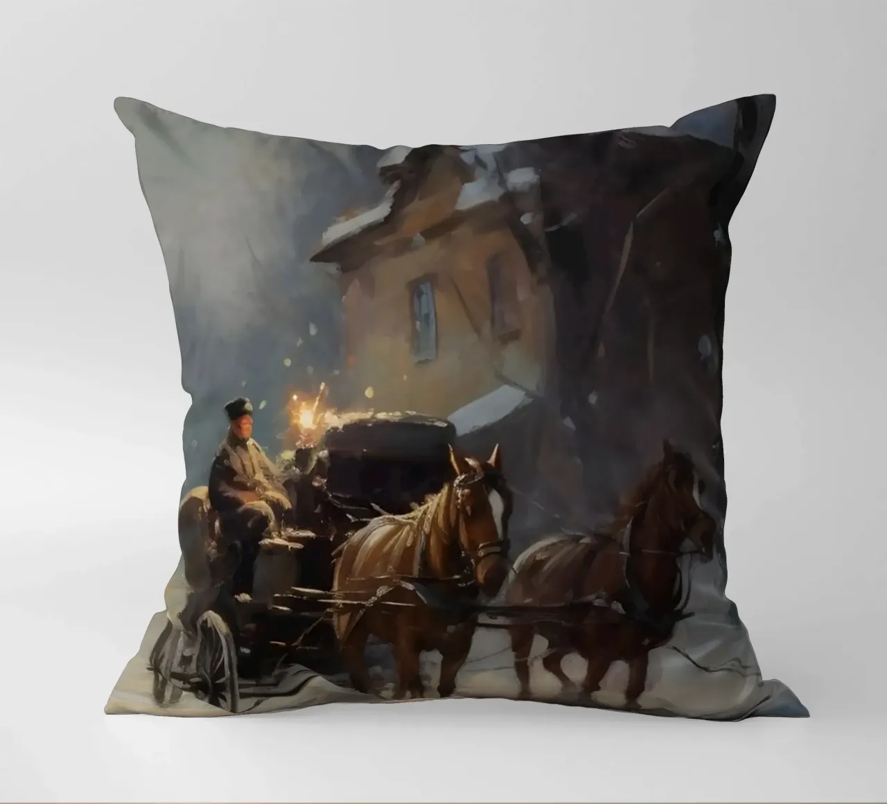 Carrozza trainata da cavalli in una sera d'inverno: il romanticismo dei tempi passati cuscino da Cozy Vibes