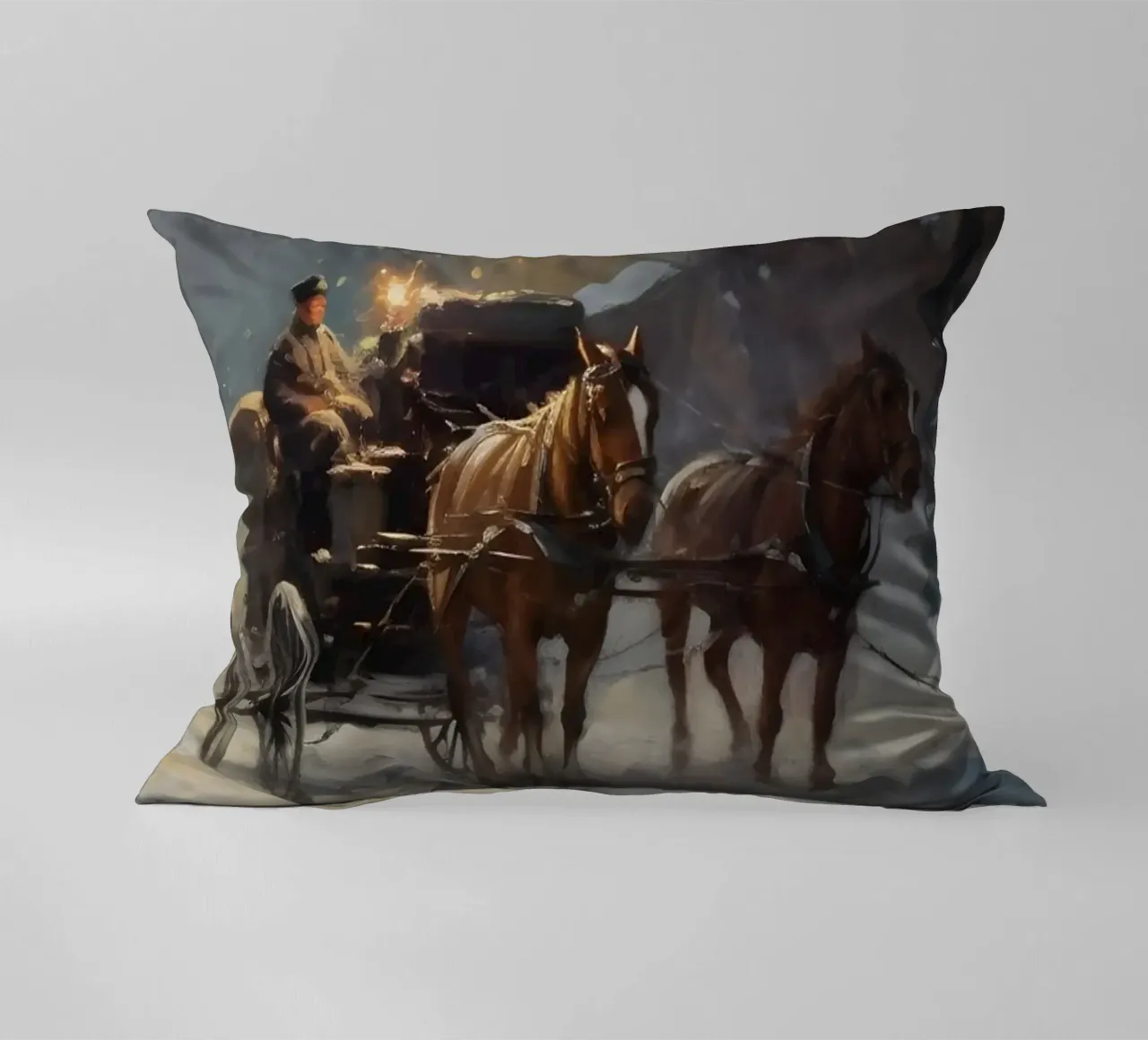 Carrozza trainata da cavalli in una sera d'inverno: il romanticismo dei tempi passati cuscino da Cozy Vibes