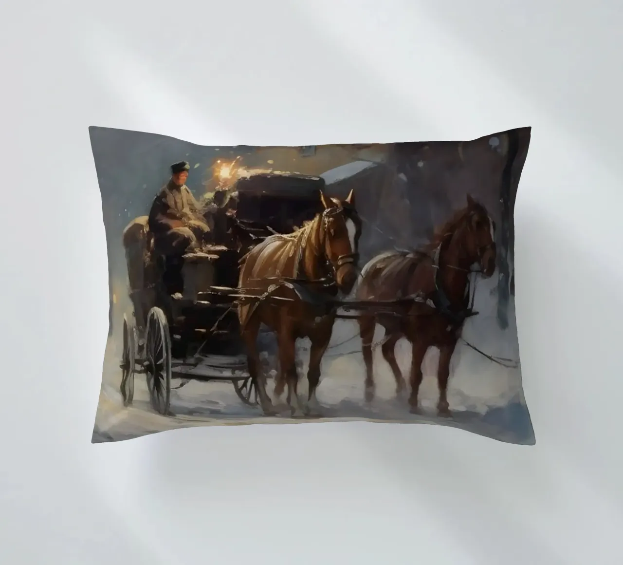 Carrozza trainata da cavalli in una sera d'inverno: il romanticismo dei tempi passati cuscino da Cozy Vibes