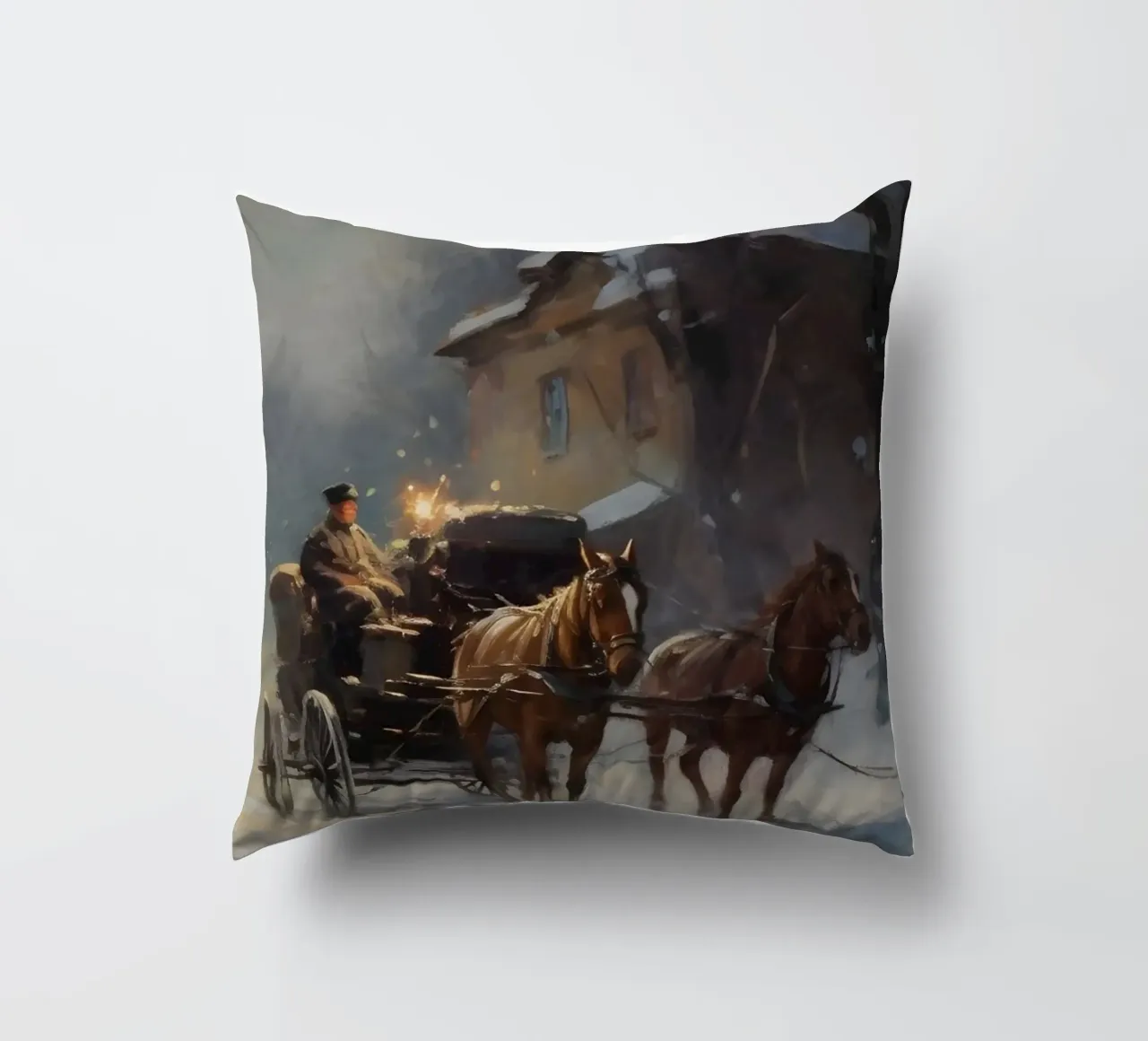 Carrozza trainata da cavalli in una sera d'inverno: il romanticismo dei tempi passati cuscino da Cozy Vibes