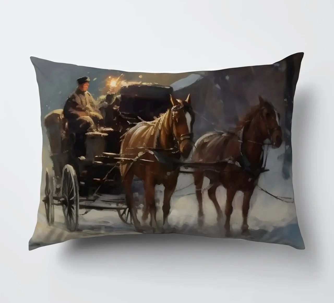 Carrozza trainata da cavalli in una sera d'inverno: il romanticismo dei tempi passati cuscino da Cozy Vibes