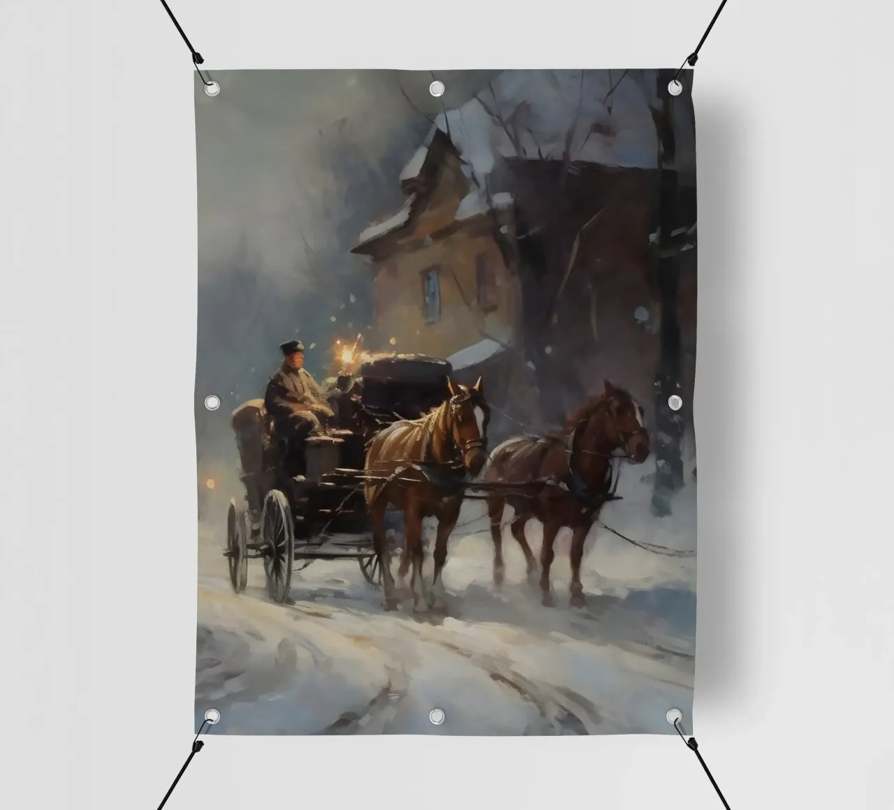 Carrozza trainata da cavalli in una sera d'inverno: il romanticismo dei tempi passati telo in pvc da Cozy Vibes