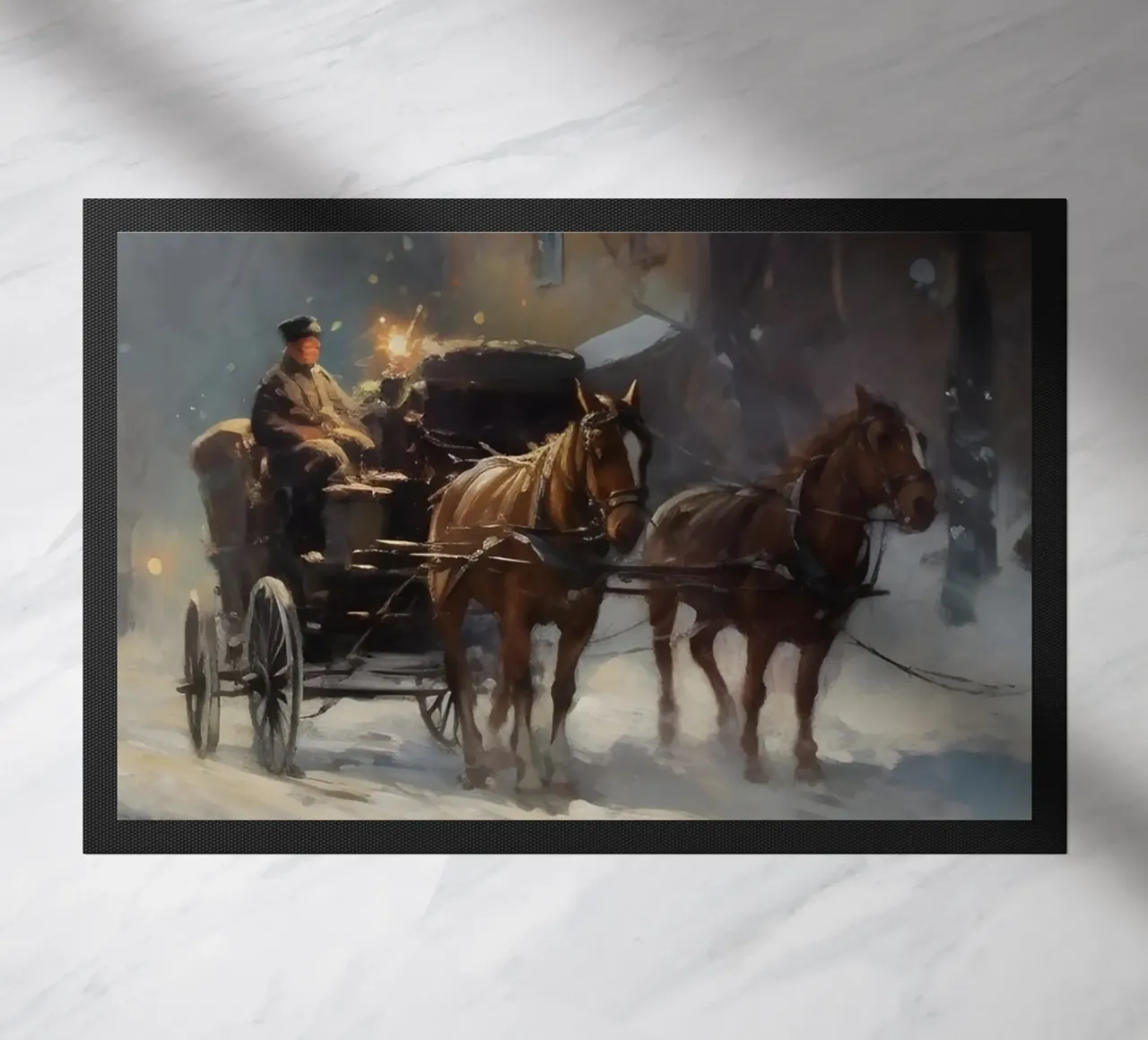 Carrozza trainata da cavalli in una sera d'inverno: il romanticismo dei tempi passati zerbino da Cozy Vibes