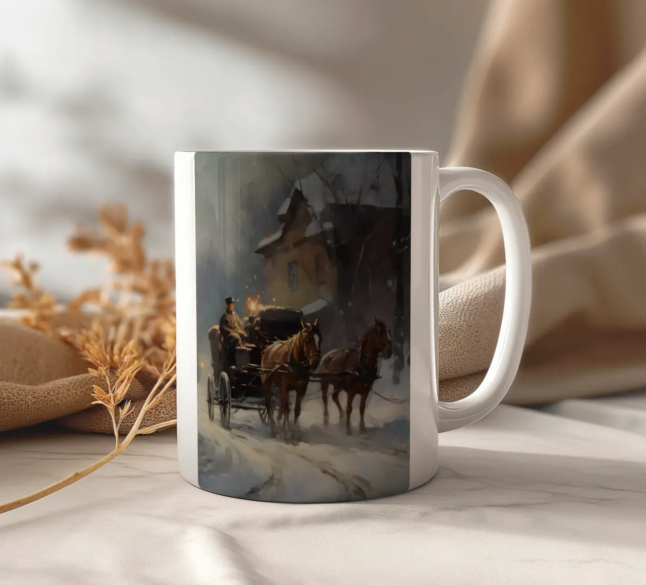 Carrozza trainata da cavalli in una sera d'inverno: il romanticismo dei tempi passati tazza in ceramica da Cozy Vibes
