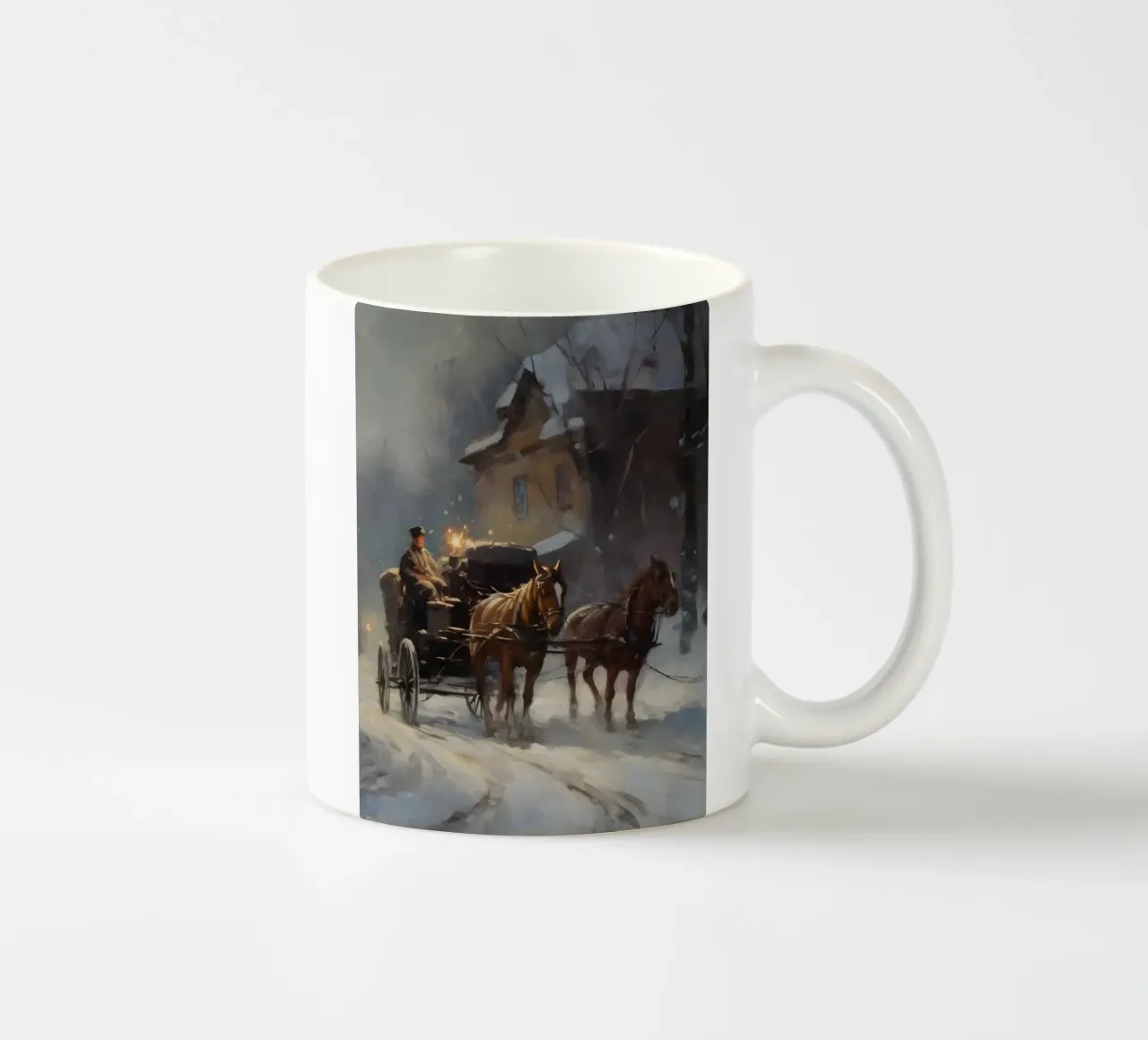 Carrozza trainata da cavalli in una sera d'inverno: il romanticismo dei tempi passati tazza in ceramica da Cozy Vibes