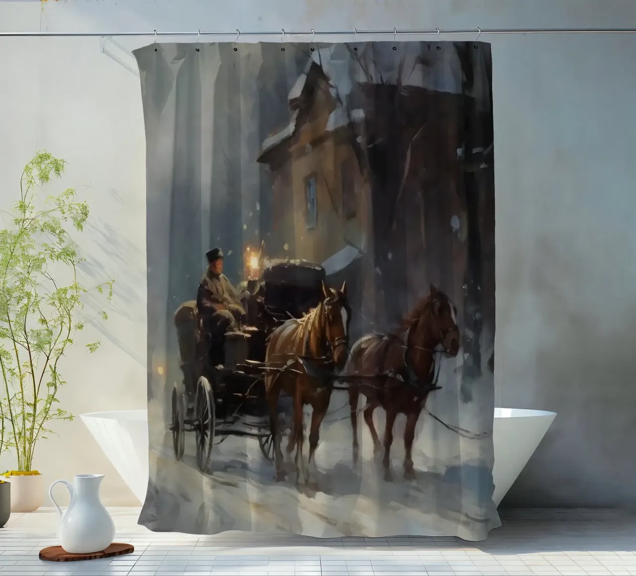 Carrozza trainata da cavalli in una sera d'inverno: il romanticismo dei tempi passati tenda da doccia da Cozy Vibes