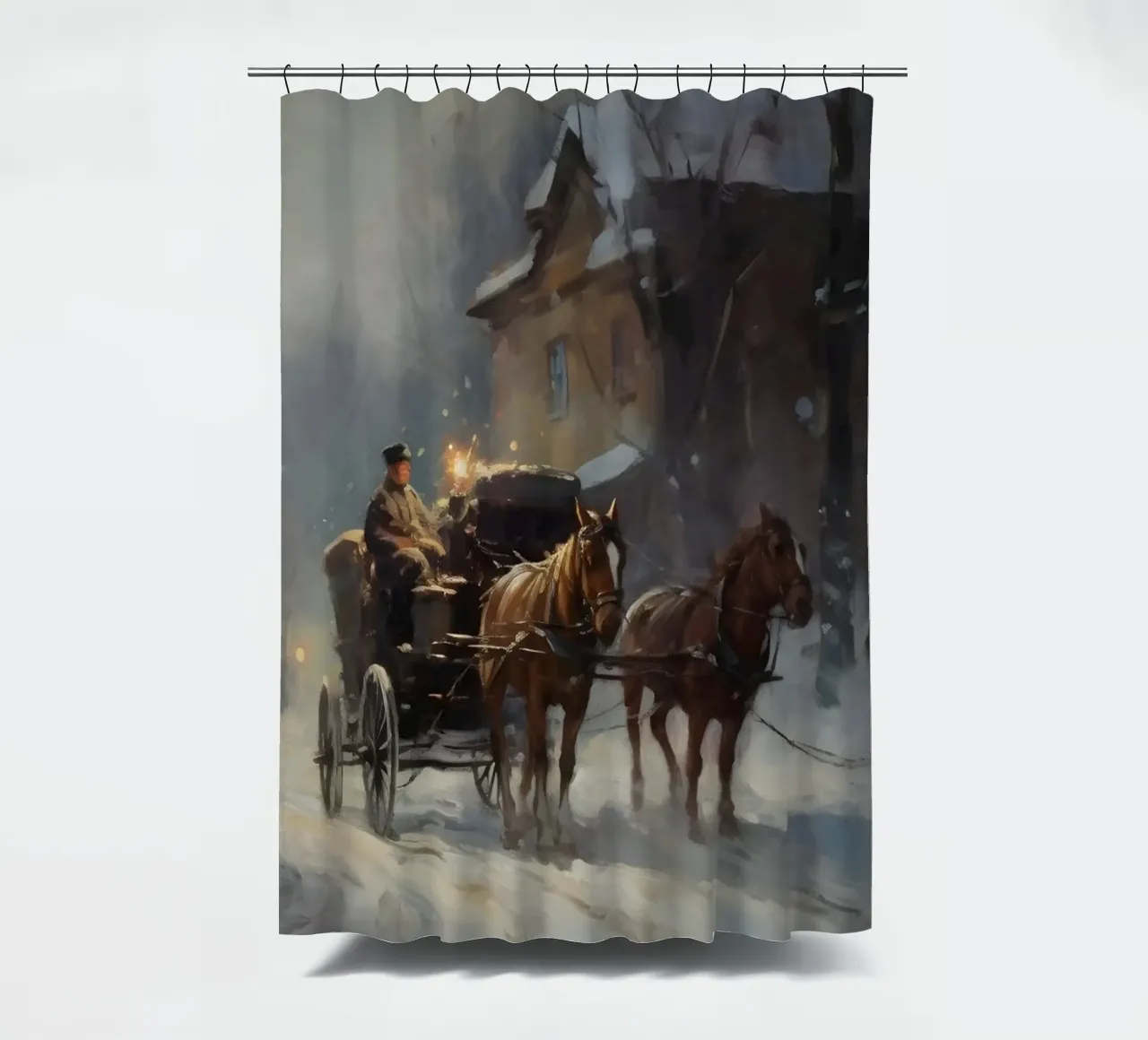 Carrozza trainata da cavalli in una sera d'inverno: il romanticismo dei tempi passati tenda da doccia da Cozy Vibes