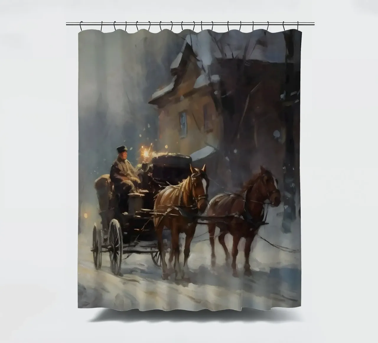 Carrozza trainata da cavalli in una sera d'inverno: il romanticismo dei tempi passati tenda da doccia da Cozy Vibes