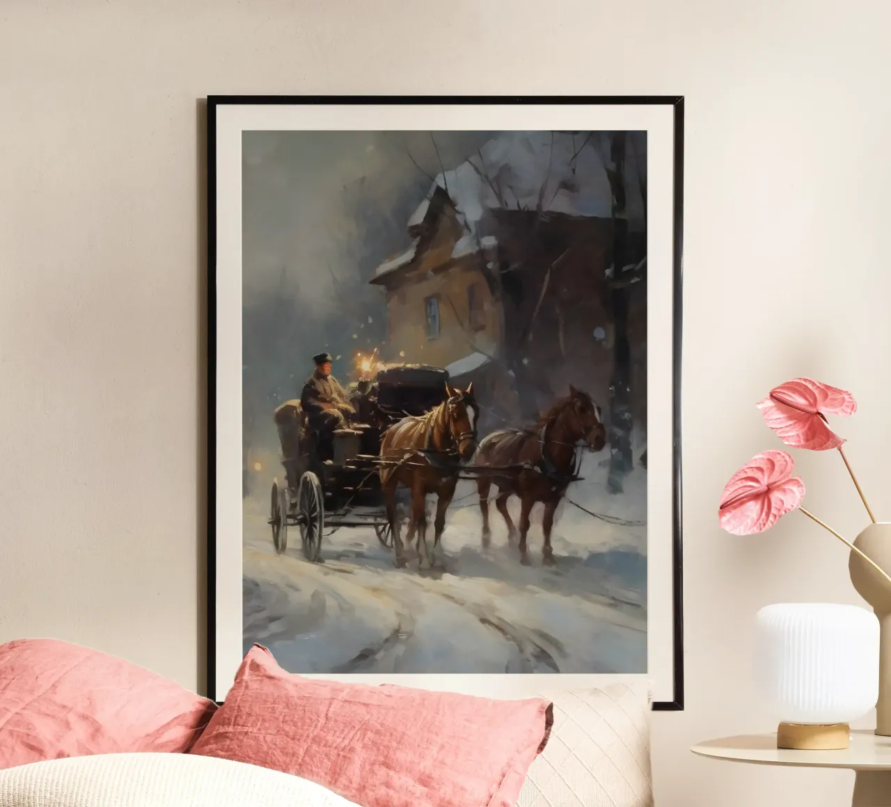 Carrozza trainata da cavalli in una sera d'inverno: il romanticismo dei tempi passati carta hahnemühle da Cozy Vibes