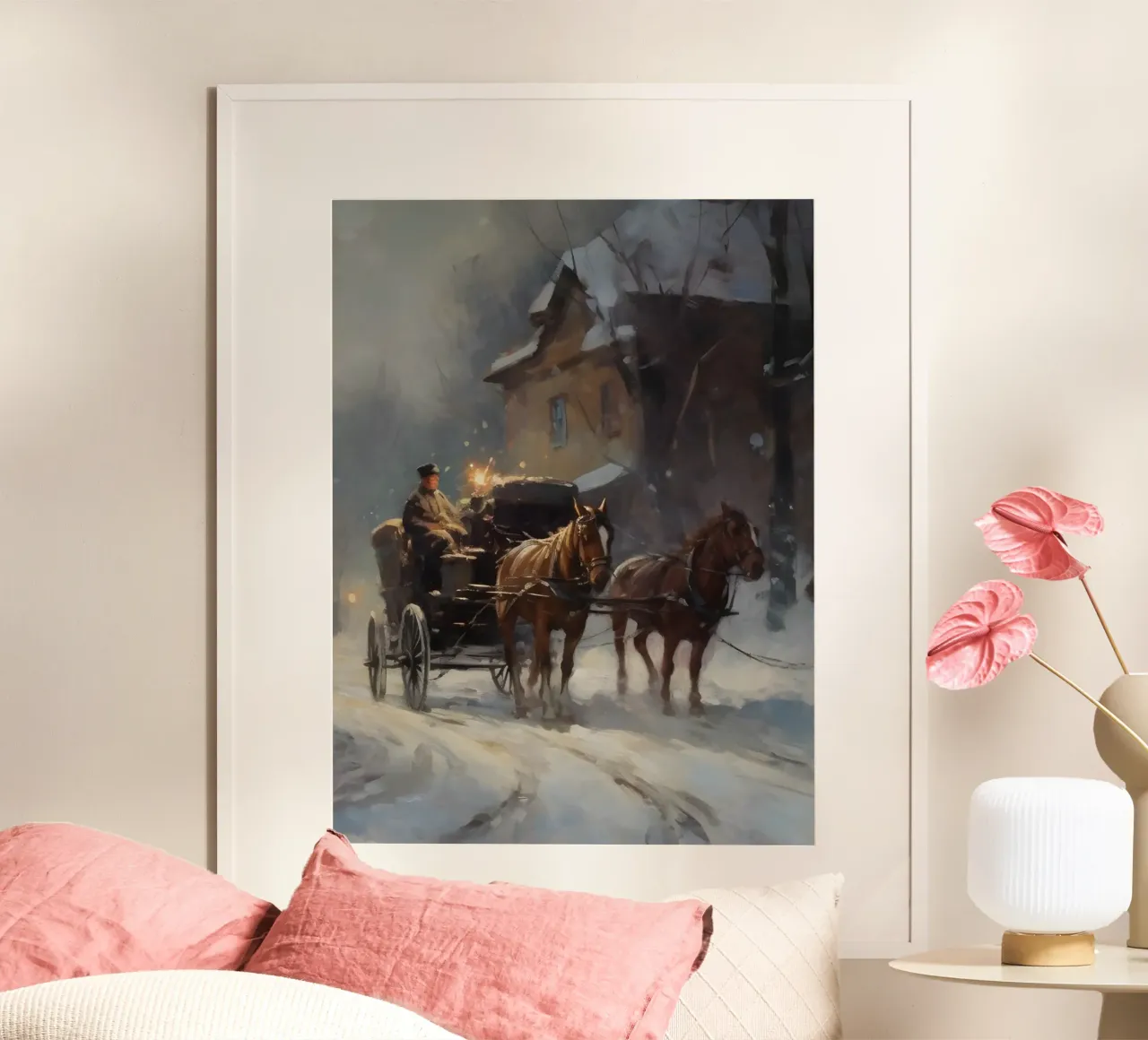 Carrozza trainata da cavalli in una sera d'inverno: il romanticismo dei tempi passati carta hahnemühle da Cozy Vibes