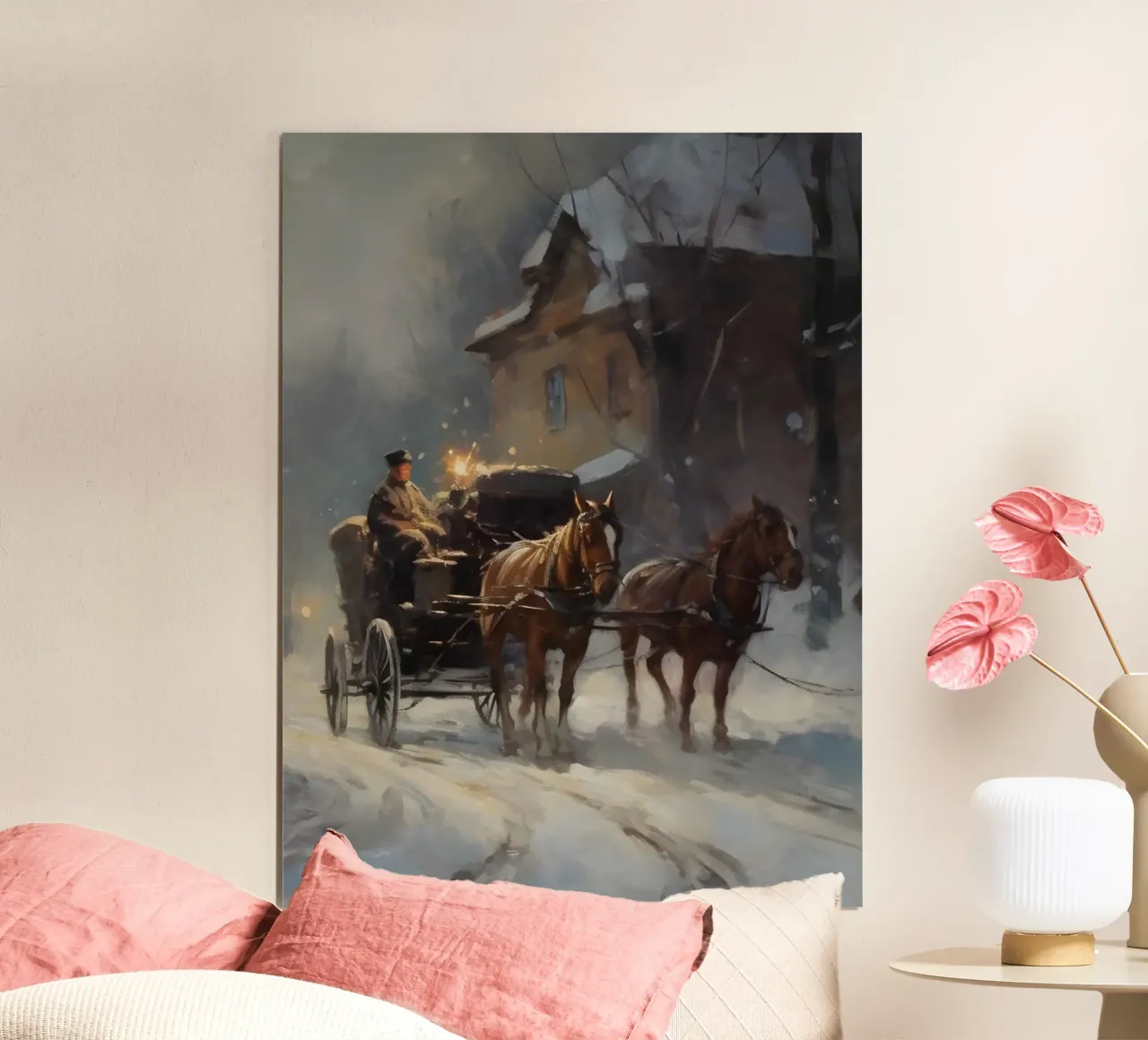 Carrozza trainata da cavalli in una sera d'inverno: il romanticismo dei tempi passati carta hahnemühle da Cozy Vibes