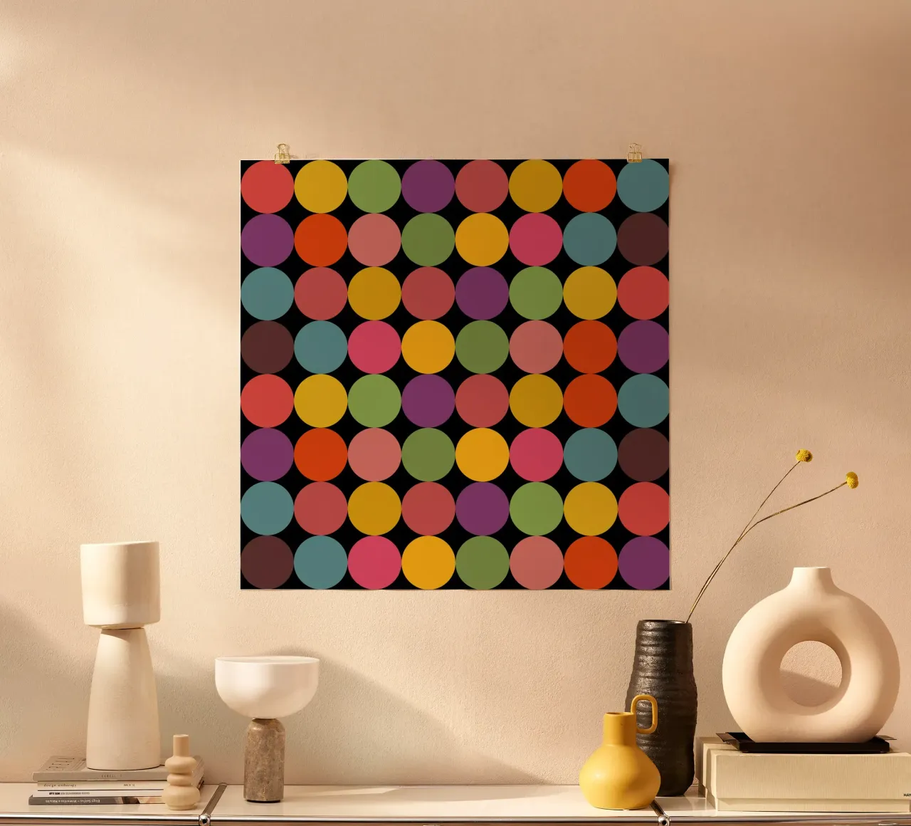Mid-Century Minimalist Pop-Art Polka Dots poster with wooden frame by good-vibes