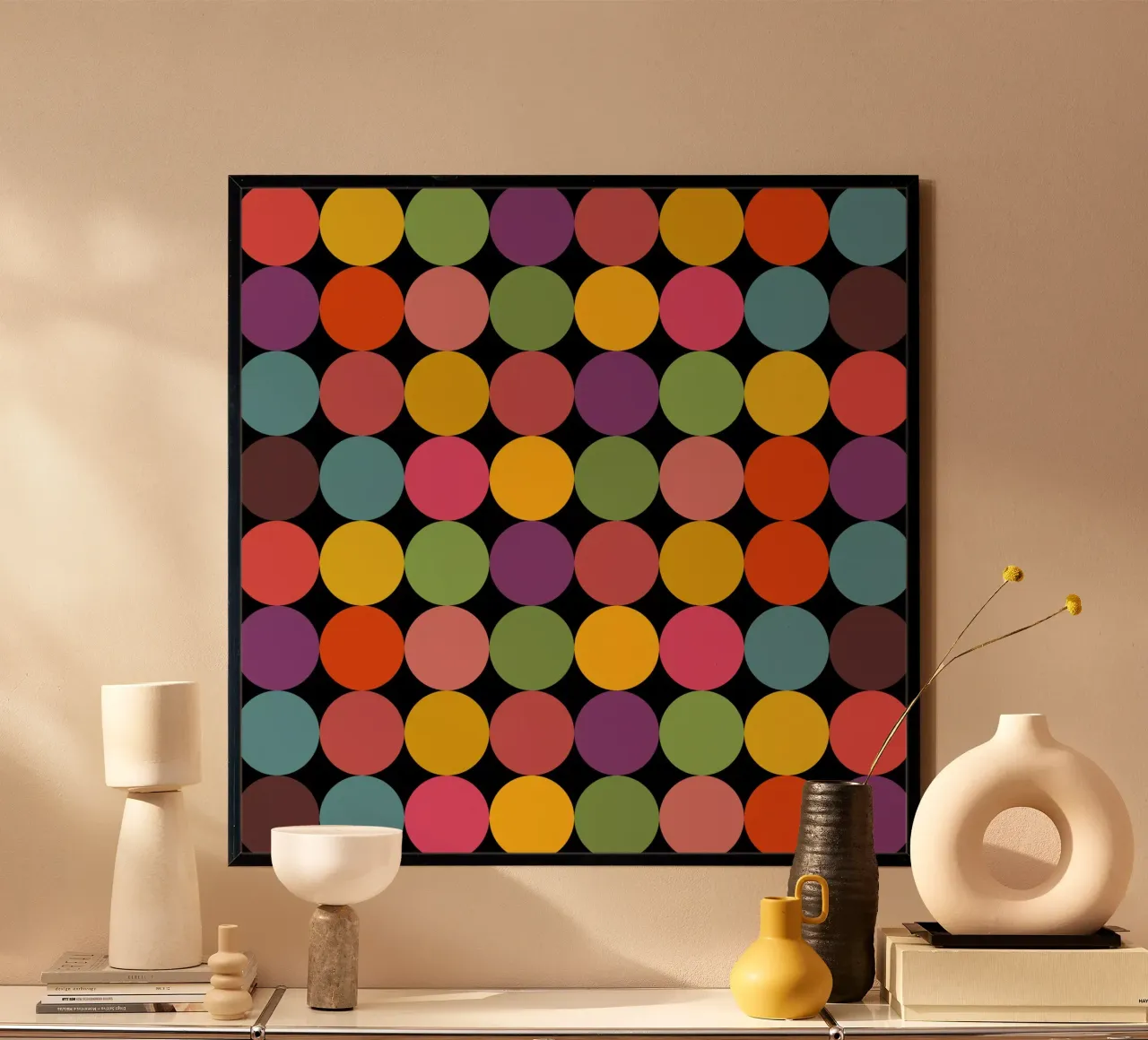 Mid-Century Minimalist Pop-Art Polka Dots poster with wooden frame by good-vibes