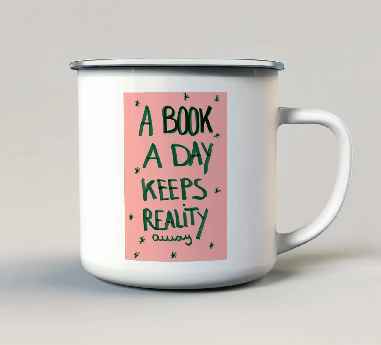 A book a day keeps reality away tazza in smalto da Hej Ibiza by Ute Arnold