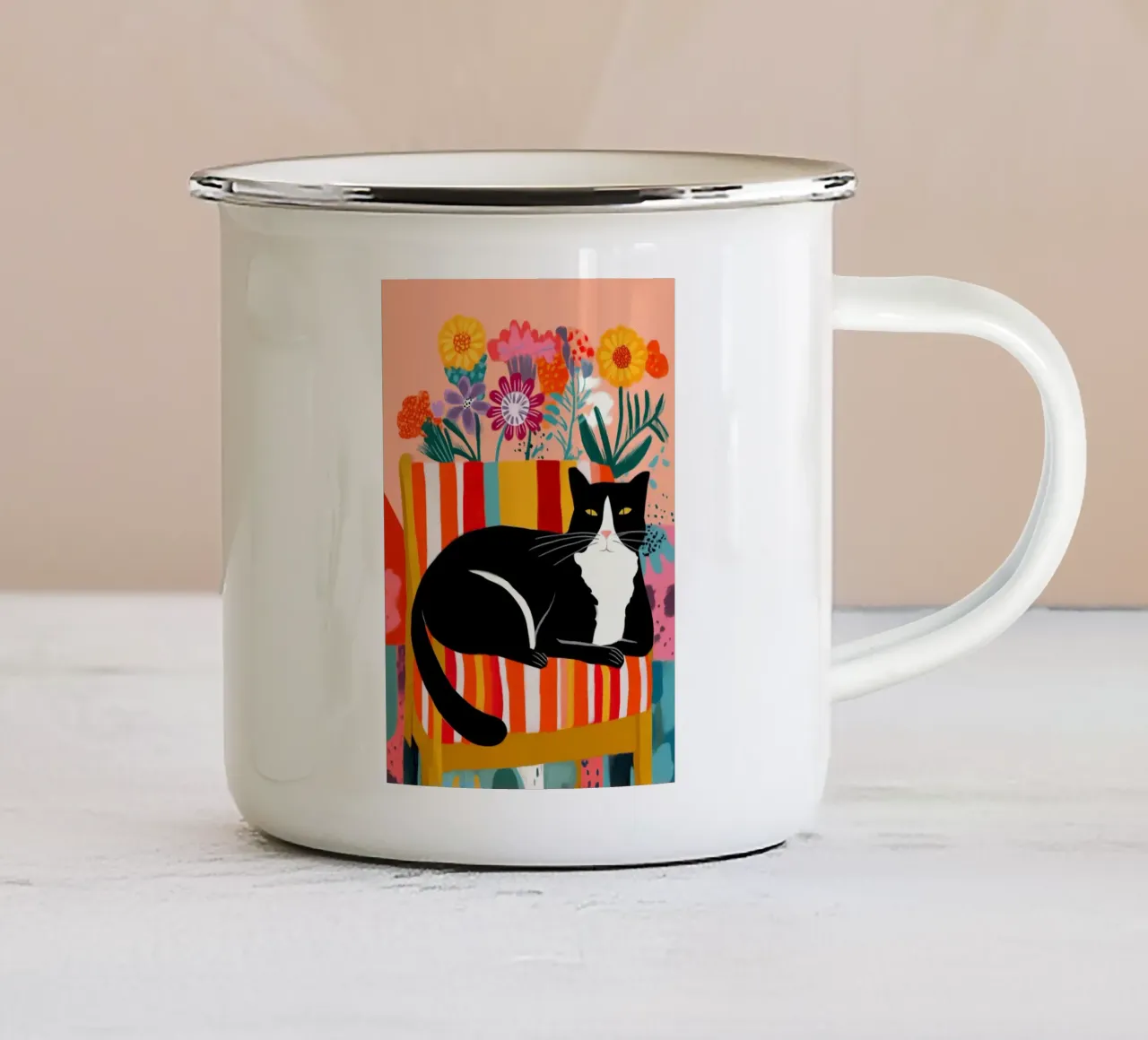 Lazy Afternoon - Cat Among Flowers emaille mok van Luca
