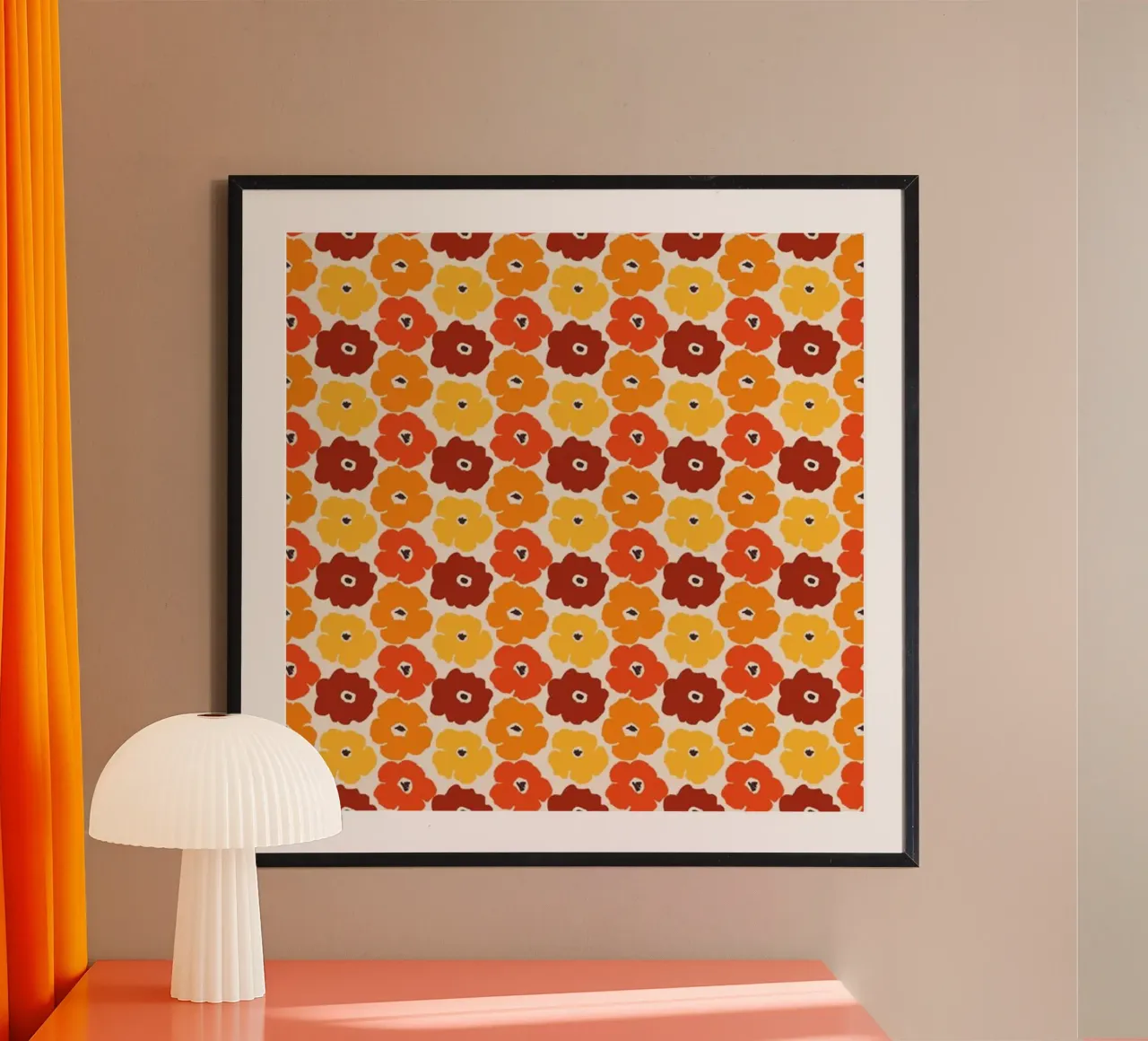 Orange flower pattern, Scandi, 70s poster with aluminum frame by ms.Hey! textildesign