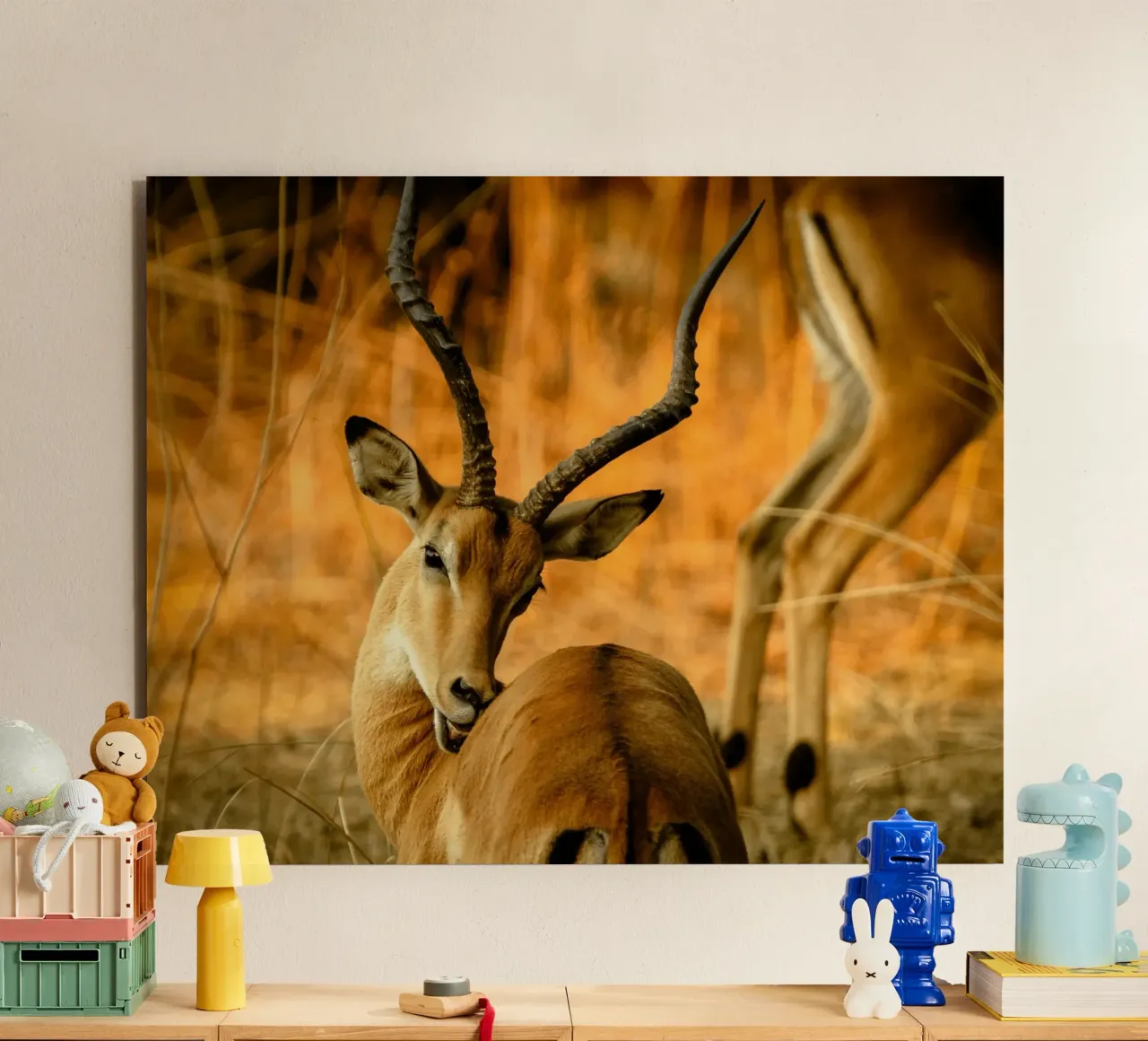 Un bellissimo Impala con corna ricurve alluminio dibond da The Herringstore