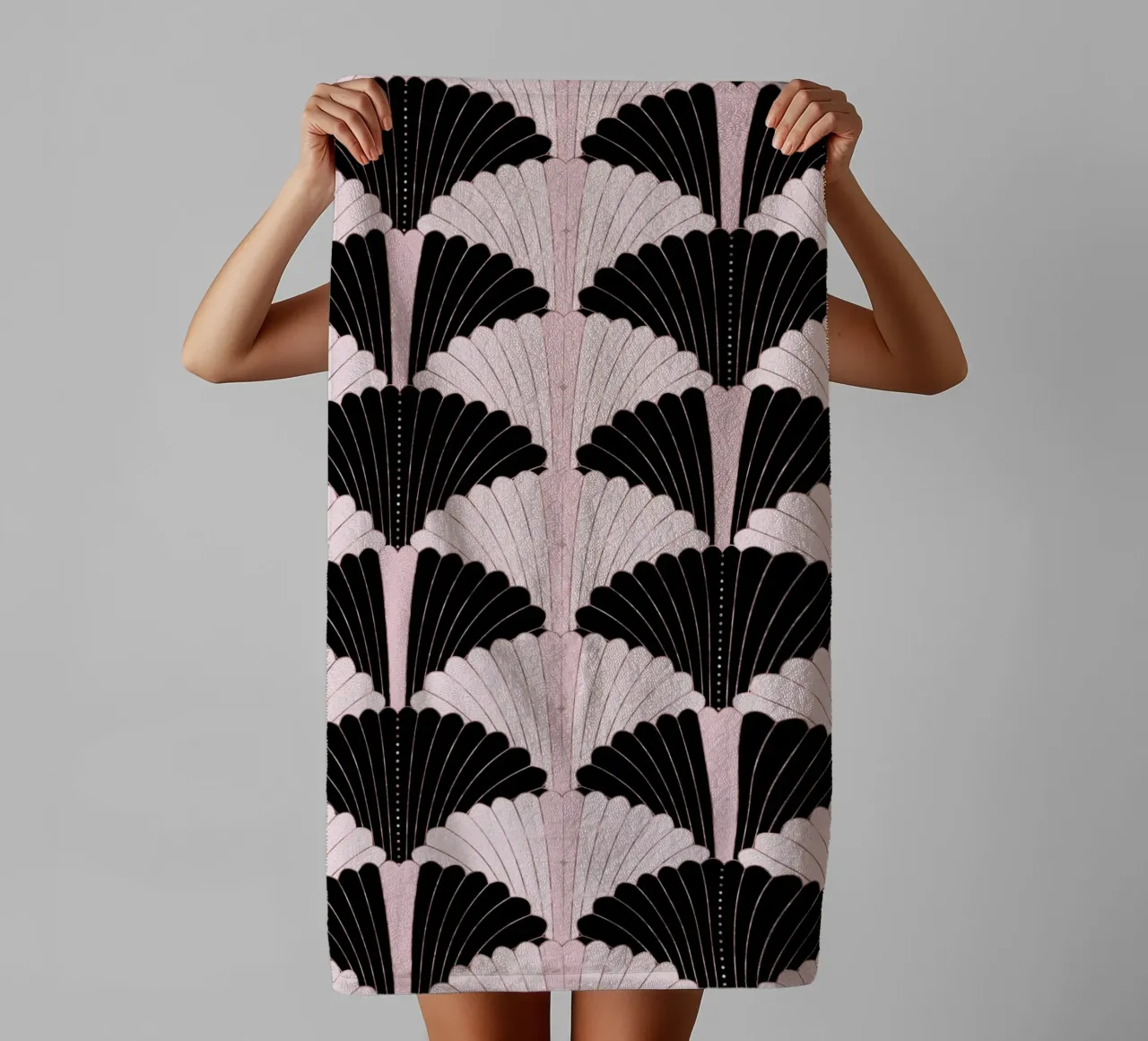 Art Deco pattern in black and light pink with gold shimmer towel by CalliLetters