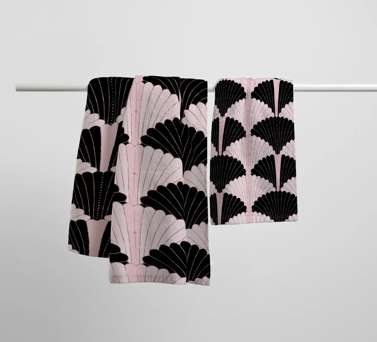 Art Deco pattern in black and light pink with gold shimmer towel by CalliLetters