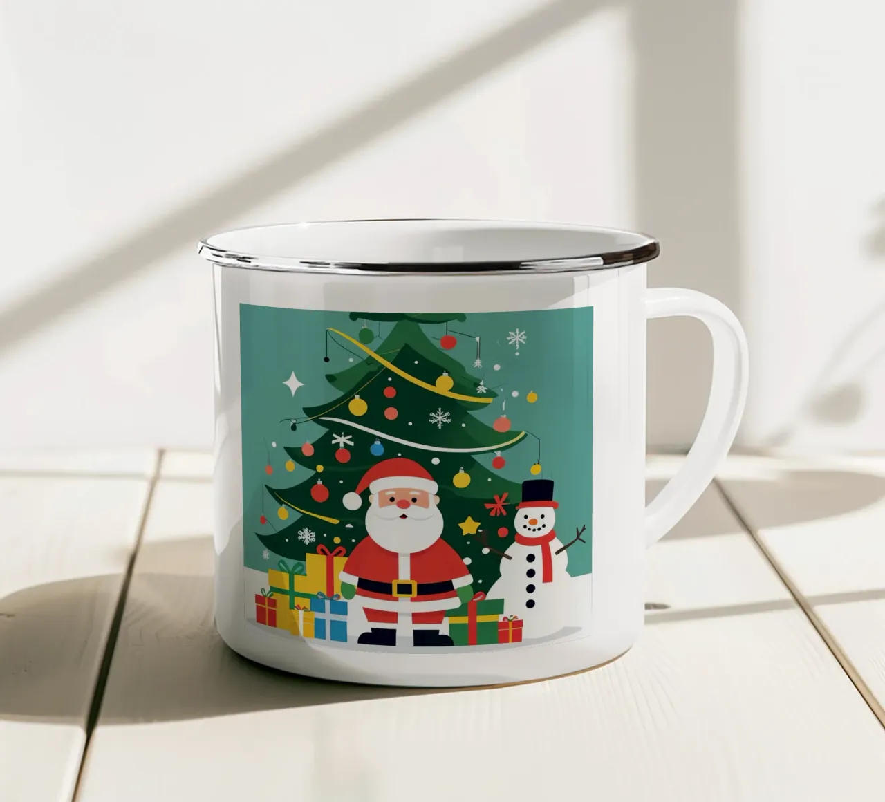 Kerstboom met kerstman en sneeuwpop emaille mok van DesignDoodle