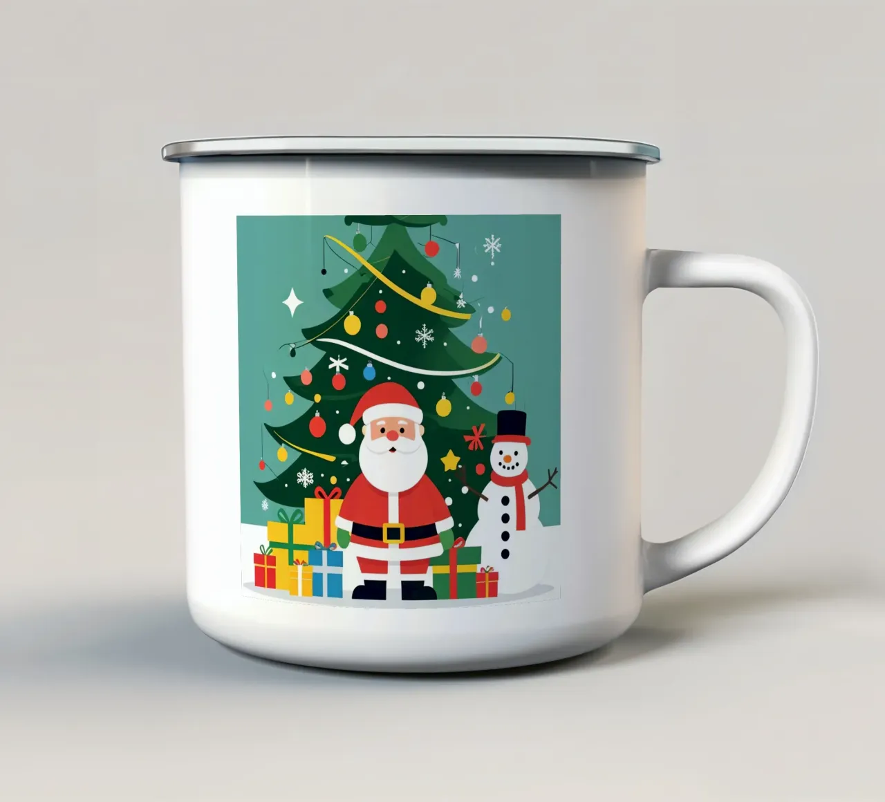Kerstboom met kerstman en sneeuwpop emaille mok van DesignDoodle