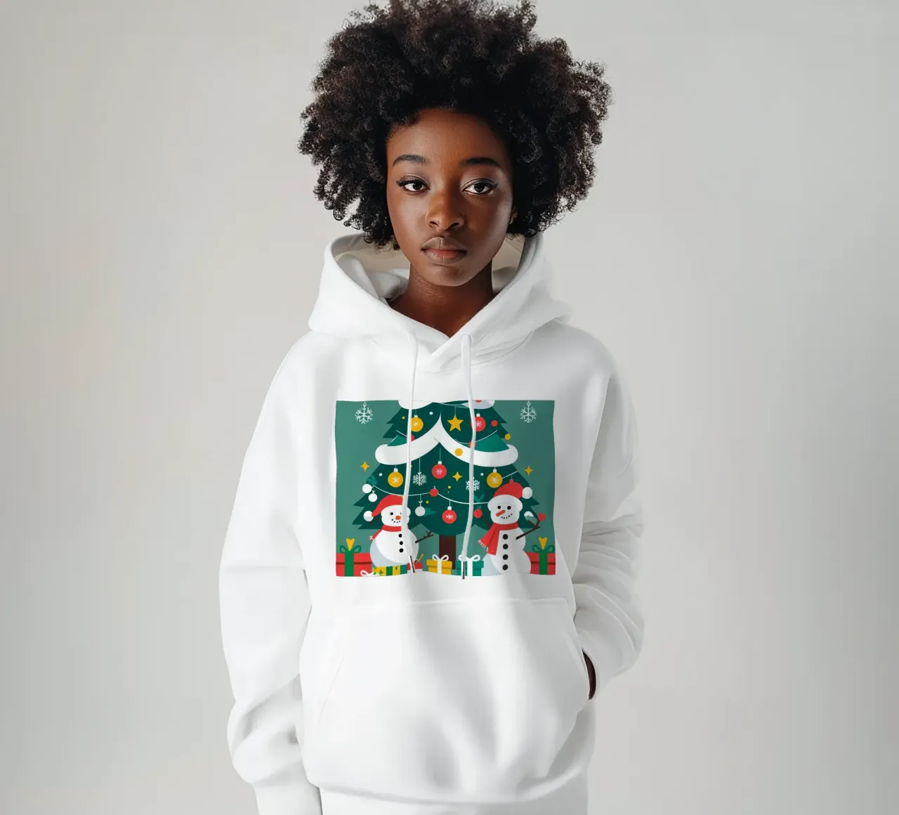 Árbol de Navidad con muñecos de nieve y regalos sudadera con capucha de DesignDoodle