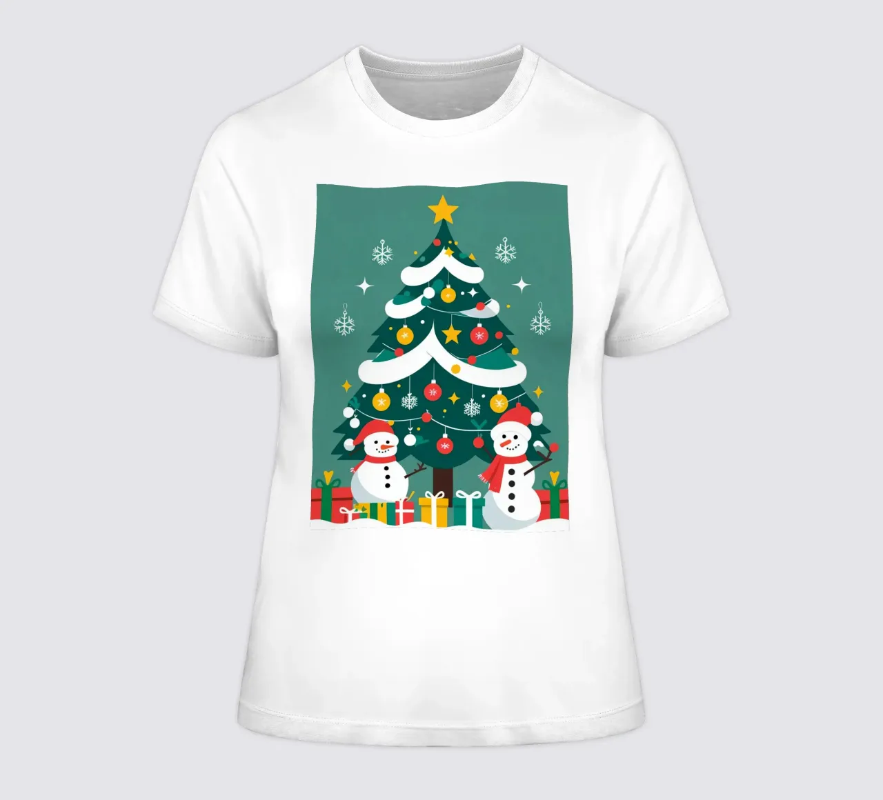 Albero di Natale con pupazzi di neve e regali t-shirt da donna da DesignDoodle