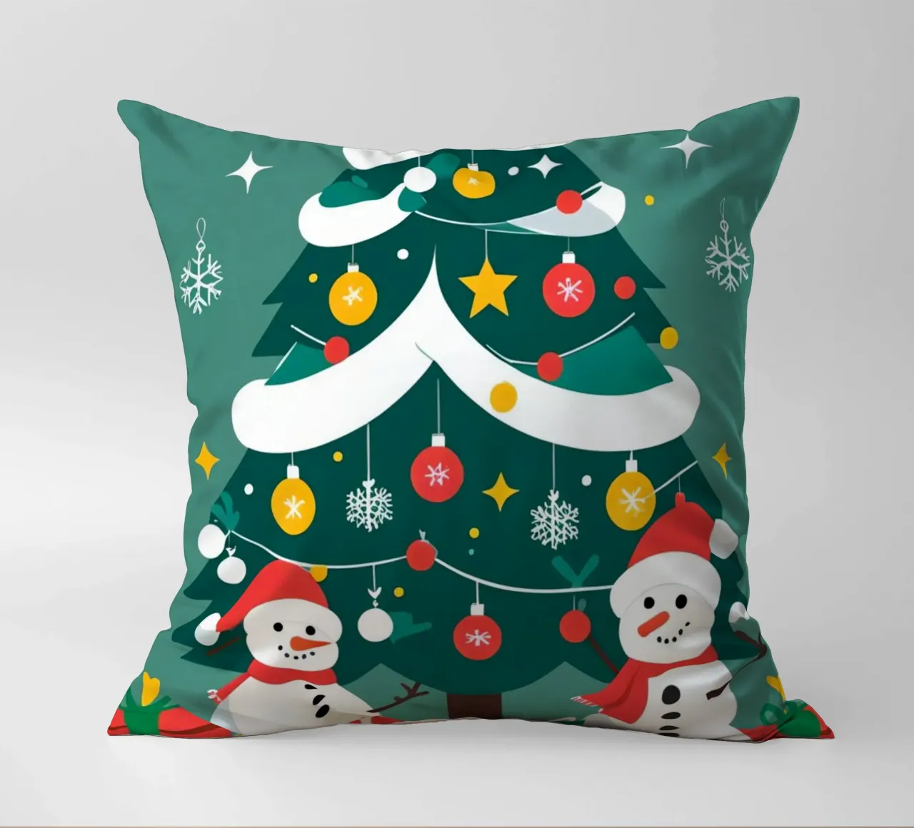 Albero di Natale con pupazzi di neve e regali cuscino da DesignDoodle