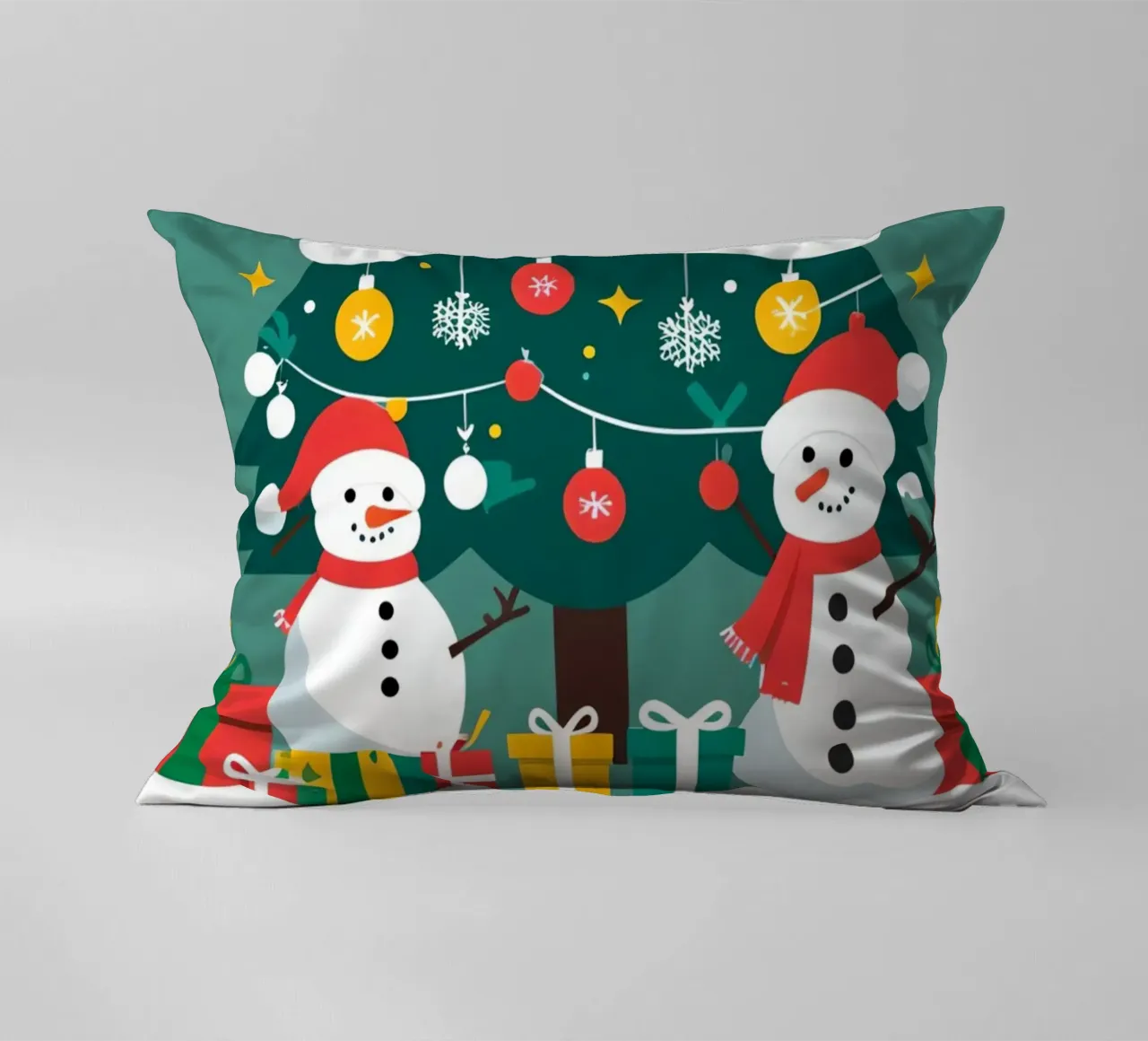 Albero di Natale con pupazzi di neve e regali cuscino da DesignDoodle