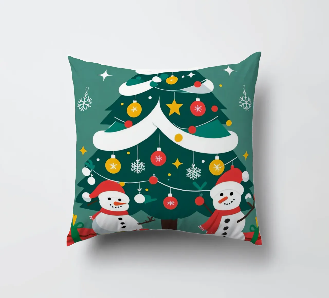 Albero di Natale con pupazzi di neve e regali cuscino da DesignDoodle