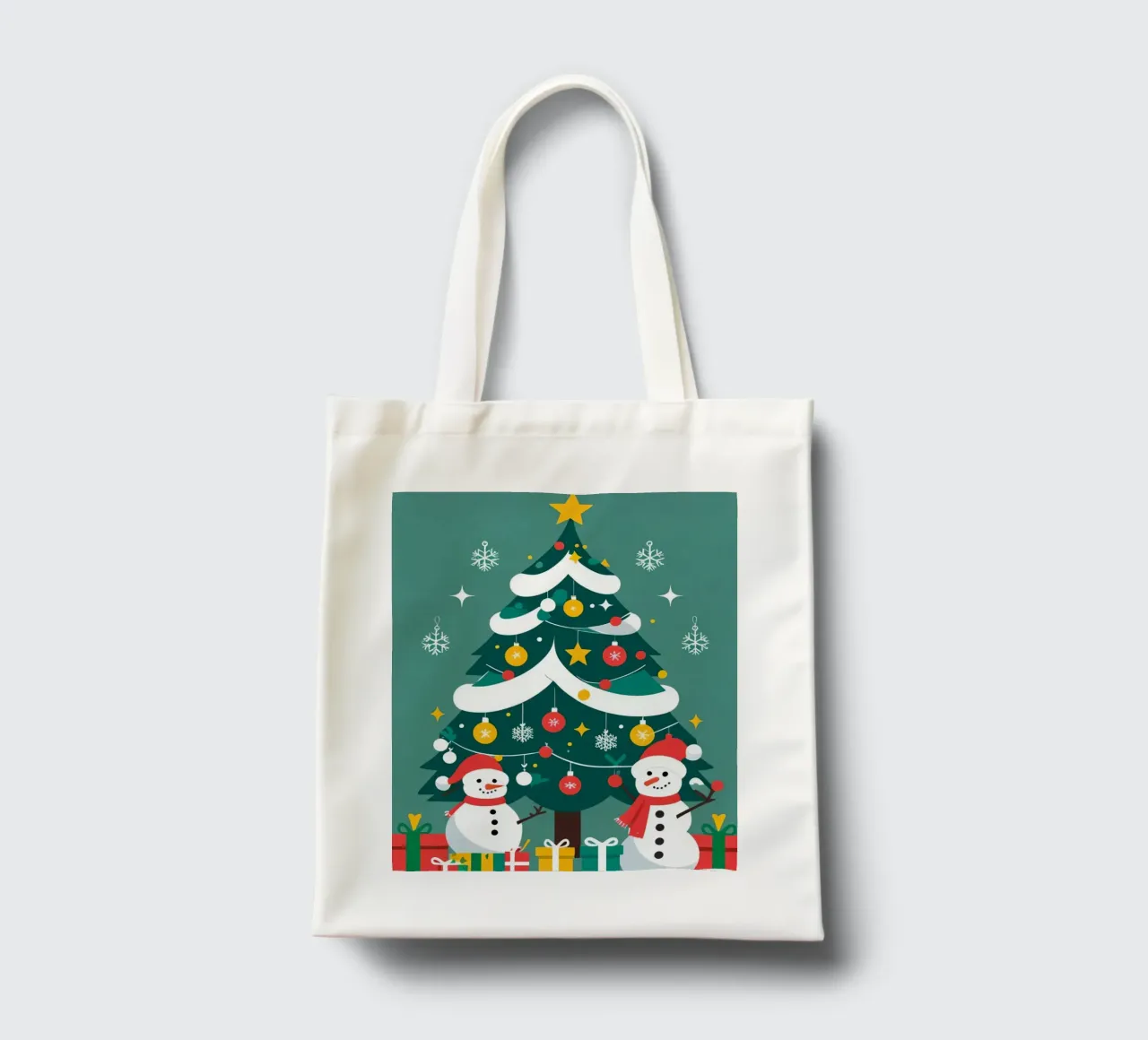 Albero di Natale con pupazzi di neve e regali borsa in juta da DesignDoodle