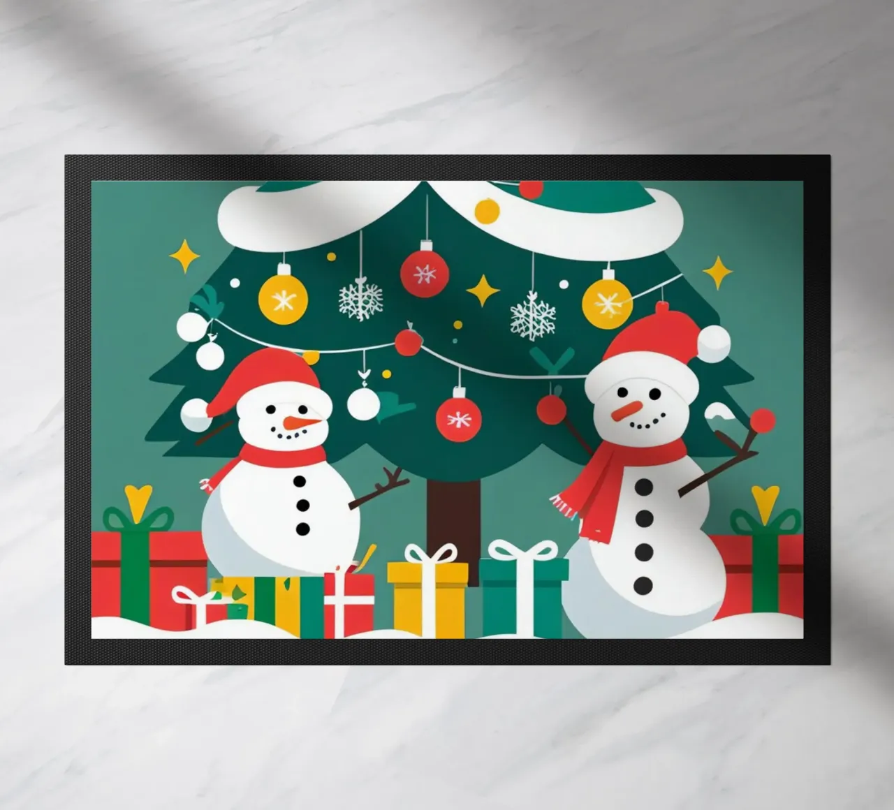 Albero di Natale con pupazzi di neve e regali zerbino da DesignDoodle