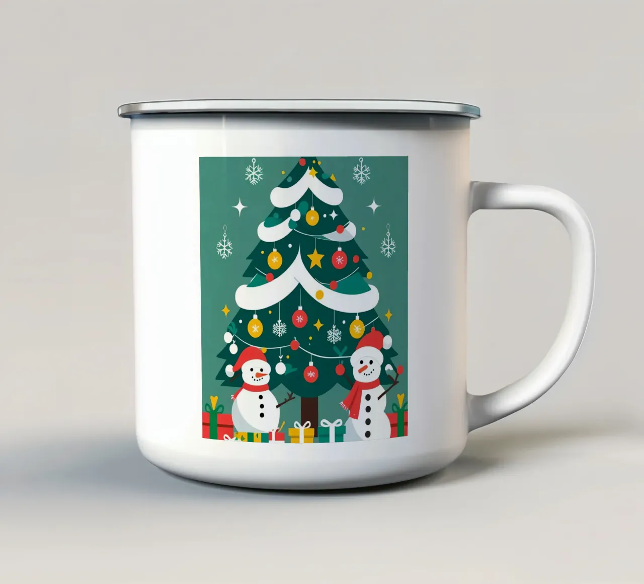 Kerstboom met sneeuwpoppen en cadeautjes emaille mok van DesignDoodle