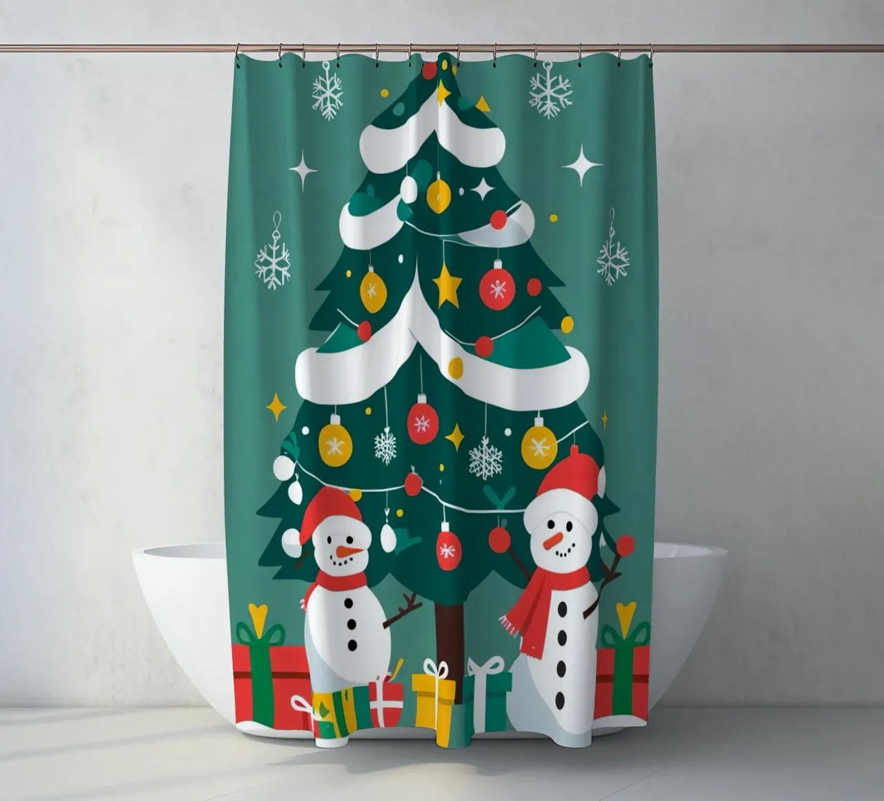 Albero di Natale con pupazzi di neve e regali tenda da doccia da DesignDoodle