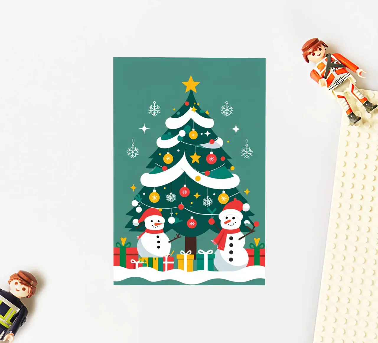 Albero di Natale con pupazzi di neve e regali adesivo da DesignDoodle