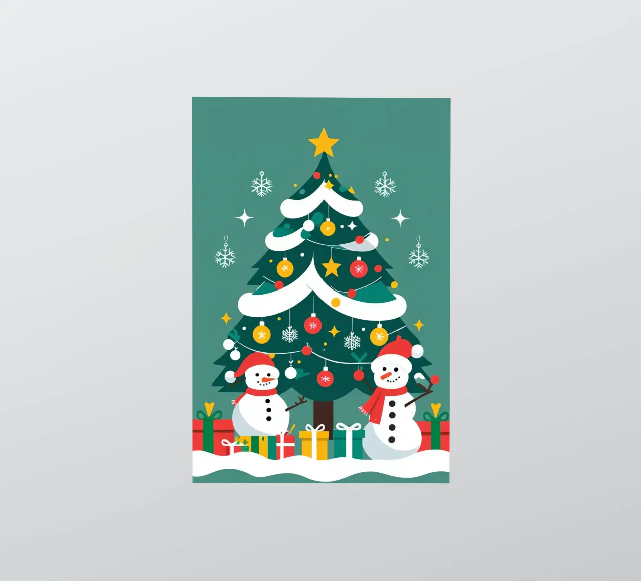 Albero di Natale con pupazzi di neve e regali adesivo da DesignDoodle