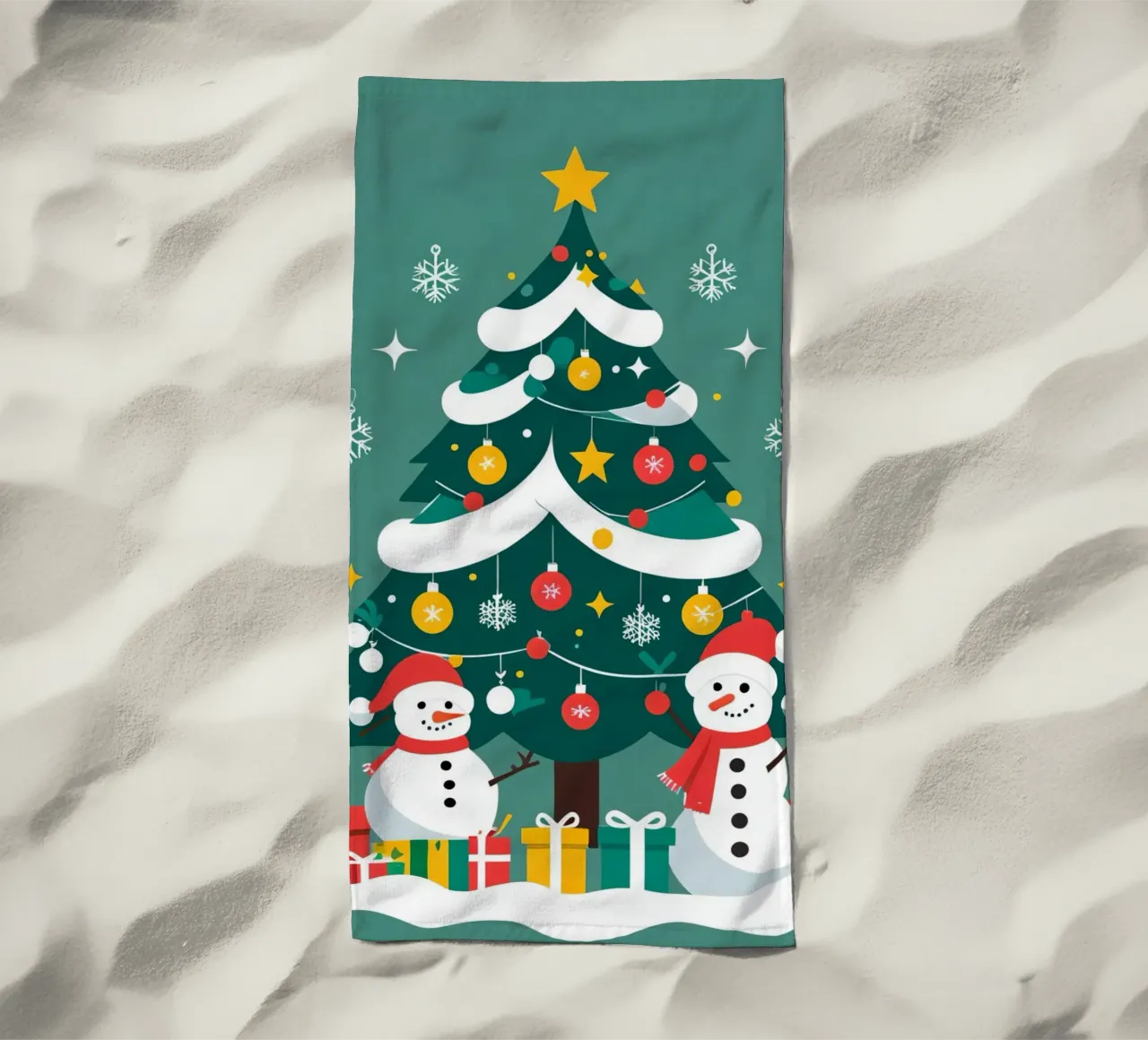 Albero di Natale con pupazzi di neve e regali telo mare da DesignDoodle