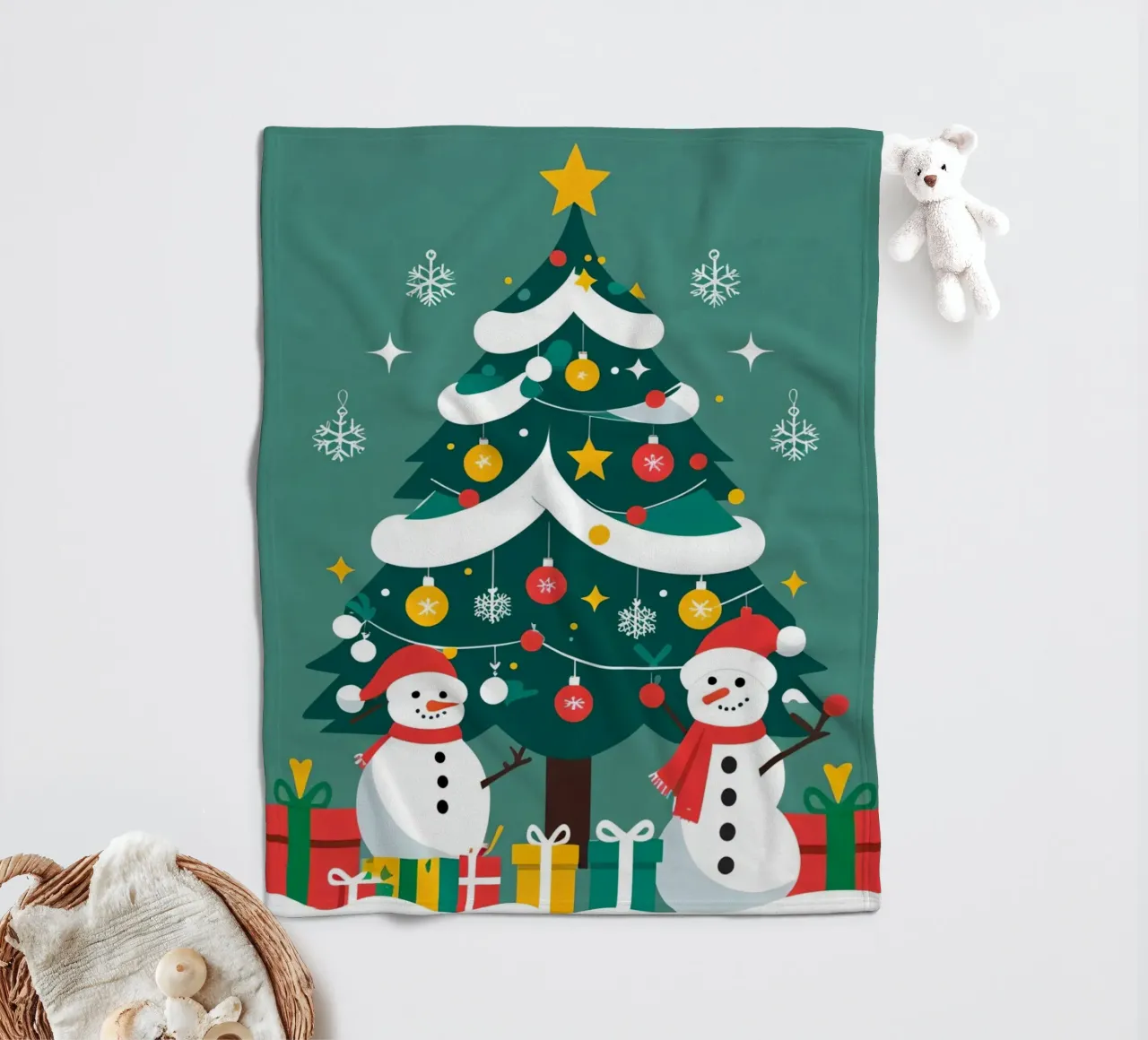 Albero di Natale con pupazzi di neve e regali coperta in pile da DesignDoodle