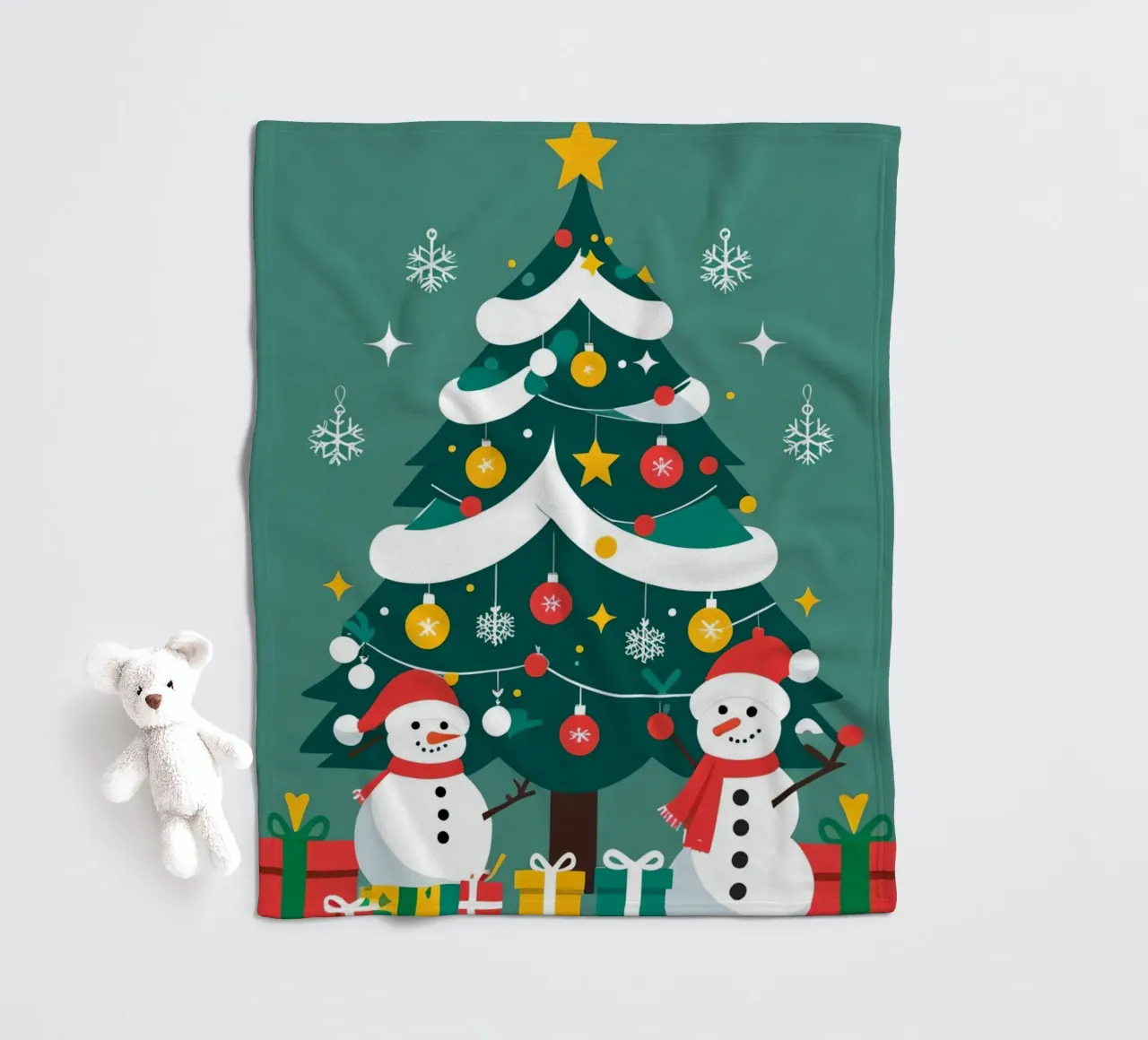 Albero di Natale con pupazzi di neve e regali coperta in pile da DesignDoodle