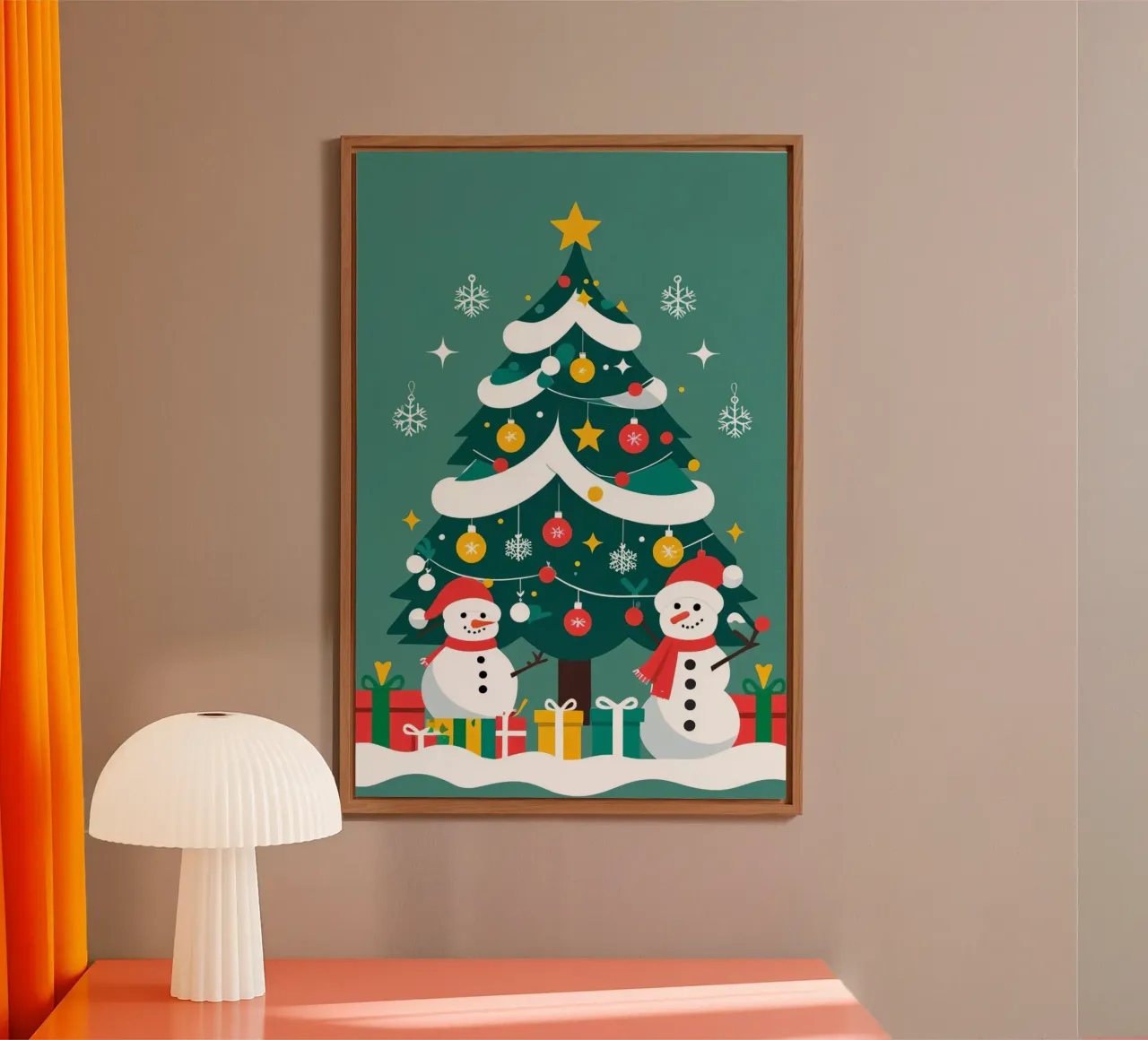 Albero di Natale con pupazzi di neve e regali pannello forex da DesignDoodle