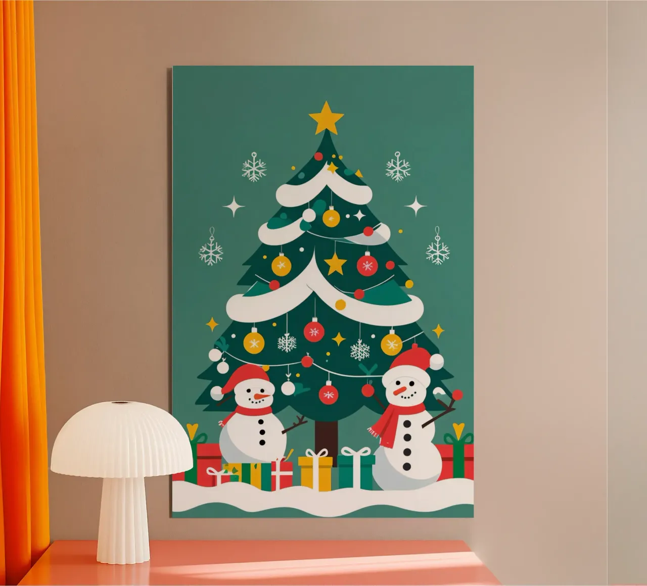 Albero di Natale con pupazzi di neve e regali pannello forex da DesignDoodle