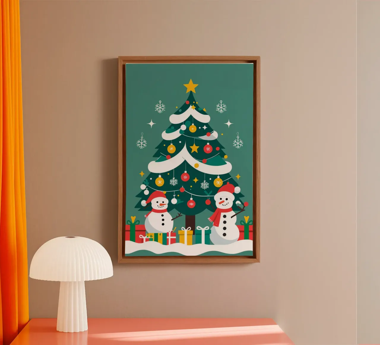 Albero di Natale con pupazzi di neve e regali tela da DesignDoodle