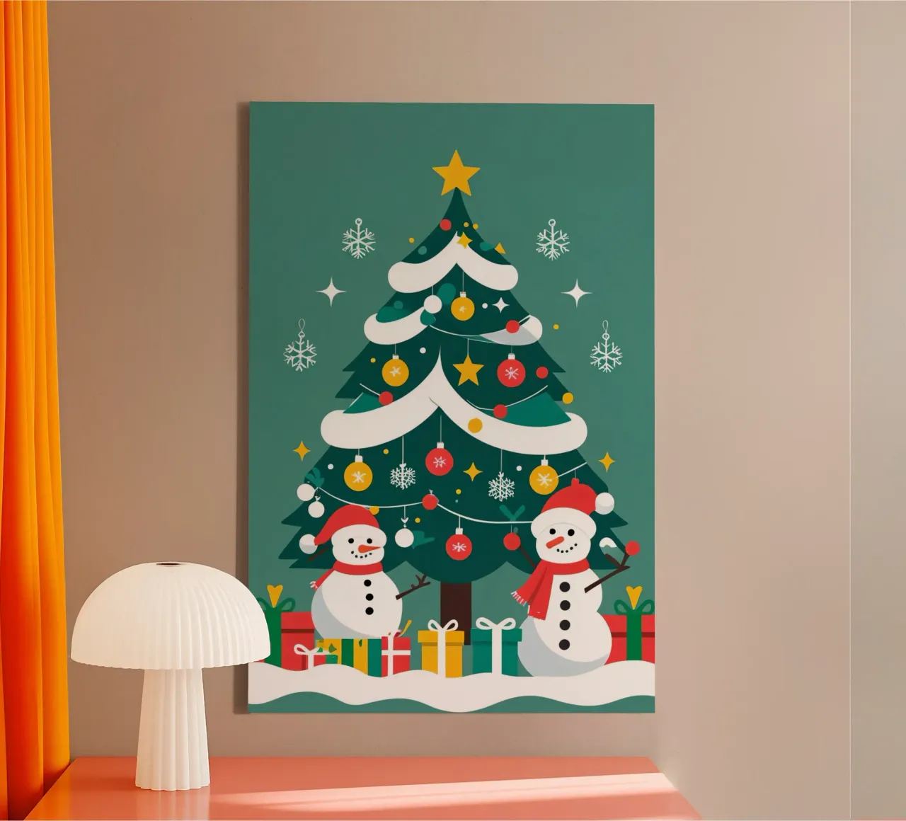 Albero di Natale con pupazzi di neve e regali tela da DesignDoodle