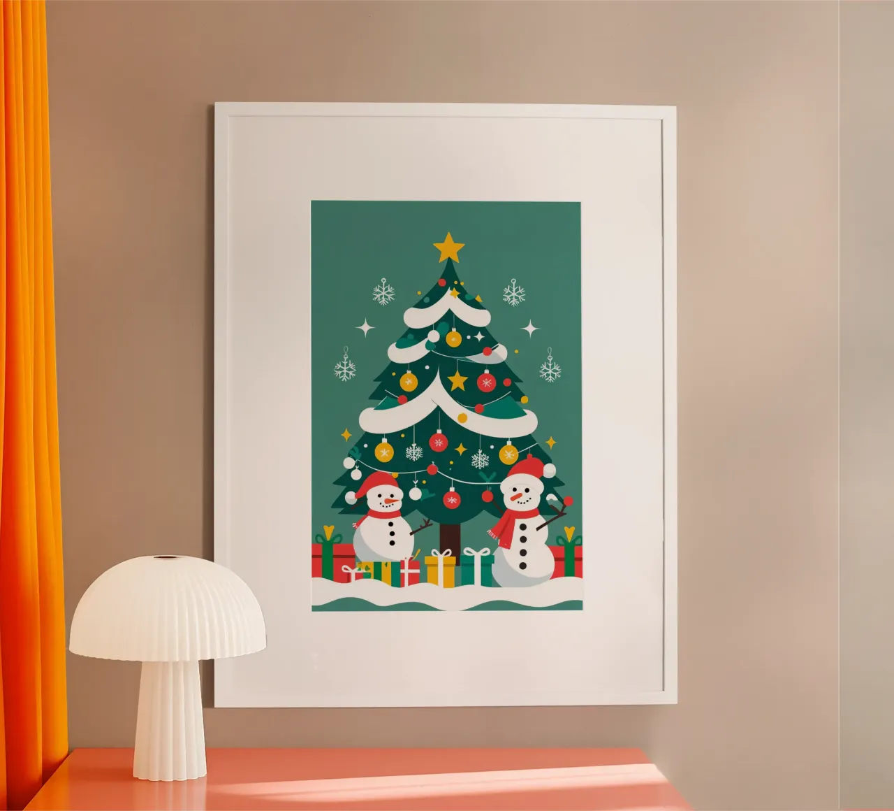 Albero di Natale con pupazzi di neve e regali poster da DesignDoodle