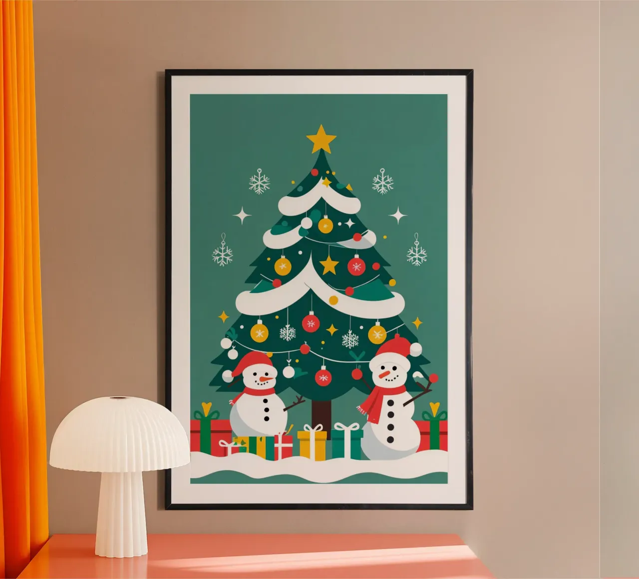 Albero di Natale con pupazzi di neve e regali poster da DesignDoodle