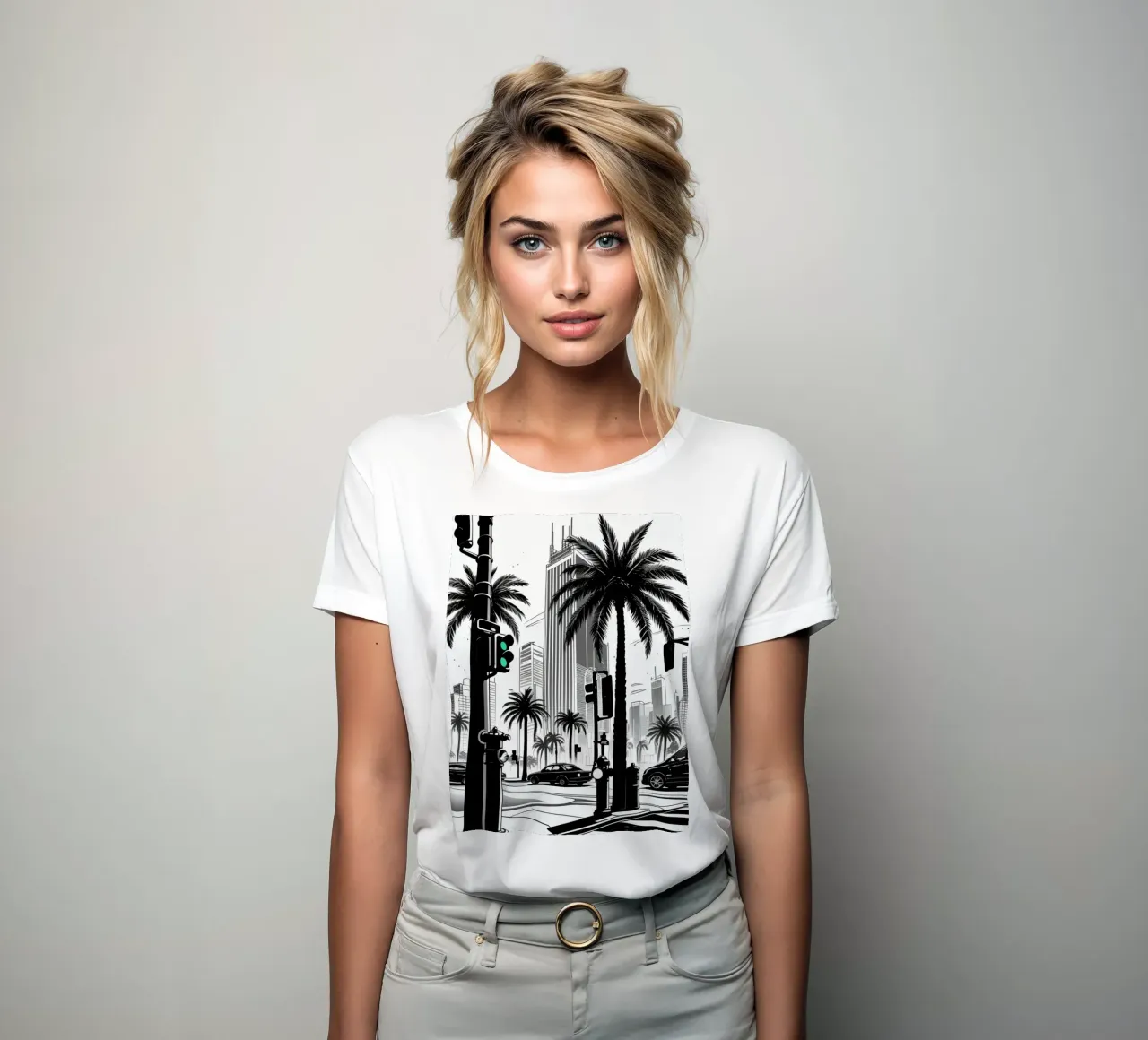 Intersezione di una strada cittadina con palme ed edifici t-shirt da donna da DesignDoodle