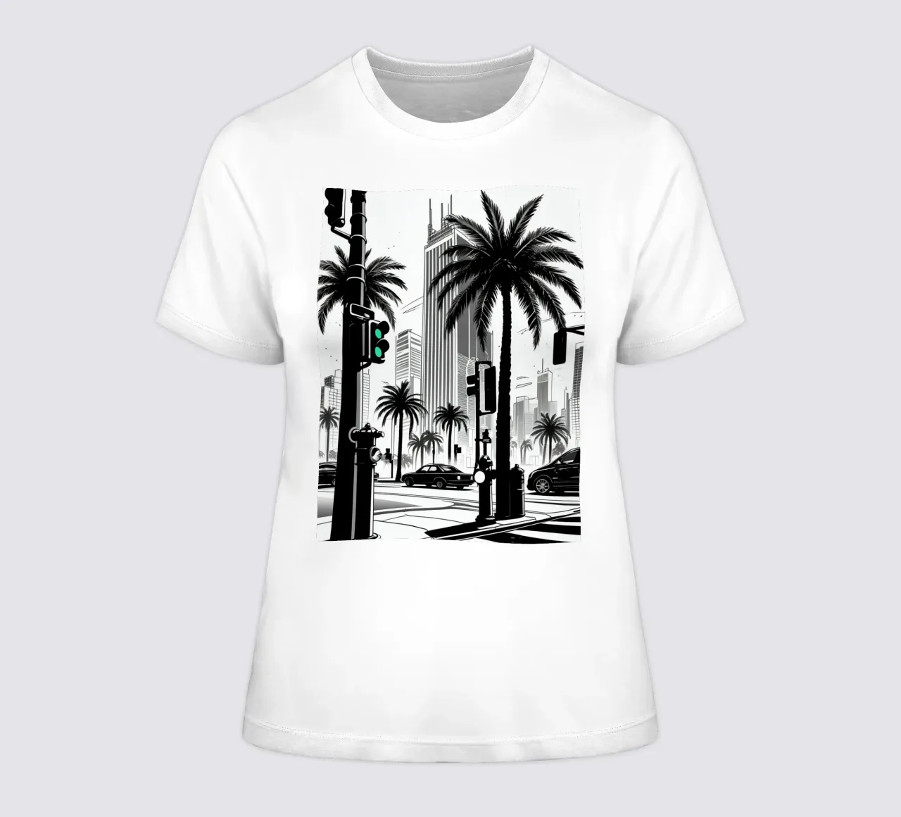 Intersezione di una strada cittadina con palme ed edifici t-shirt da donna da DesignDoodle