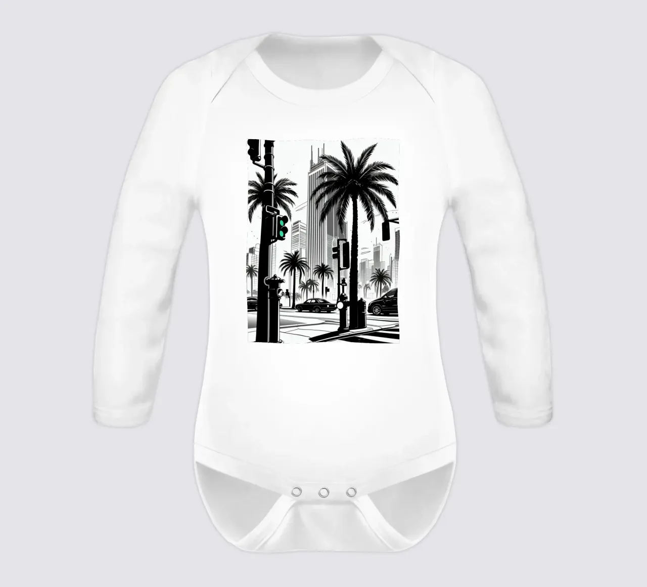 Intersezione di una strada cittadina con palme ed edifici body neonato maniche lunghe da DesignDoodle